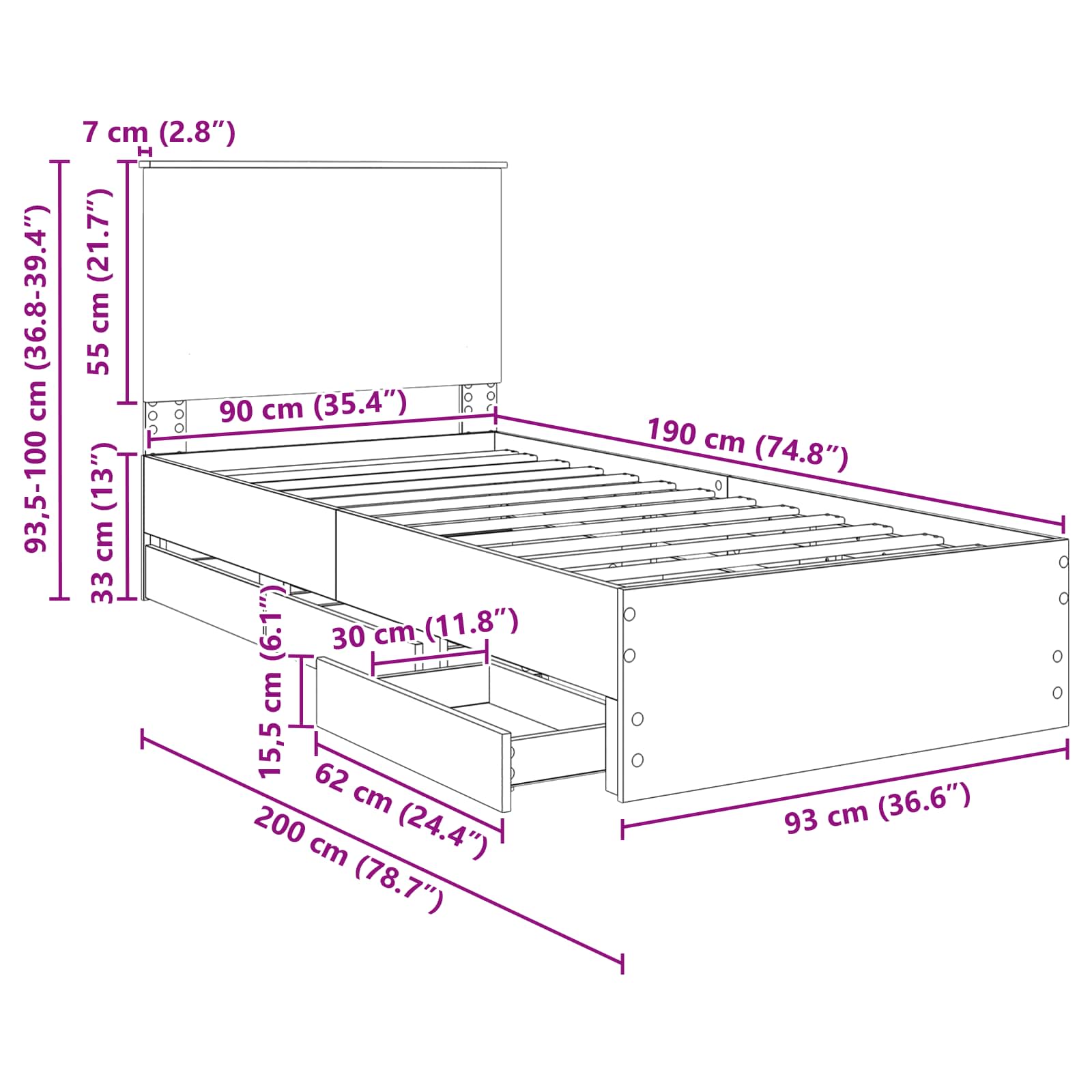 Bedframe met lade Sonoma Eiken 90 x 190 cm Ingenieurshout – afbeelding 12