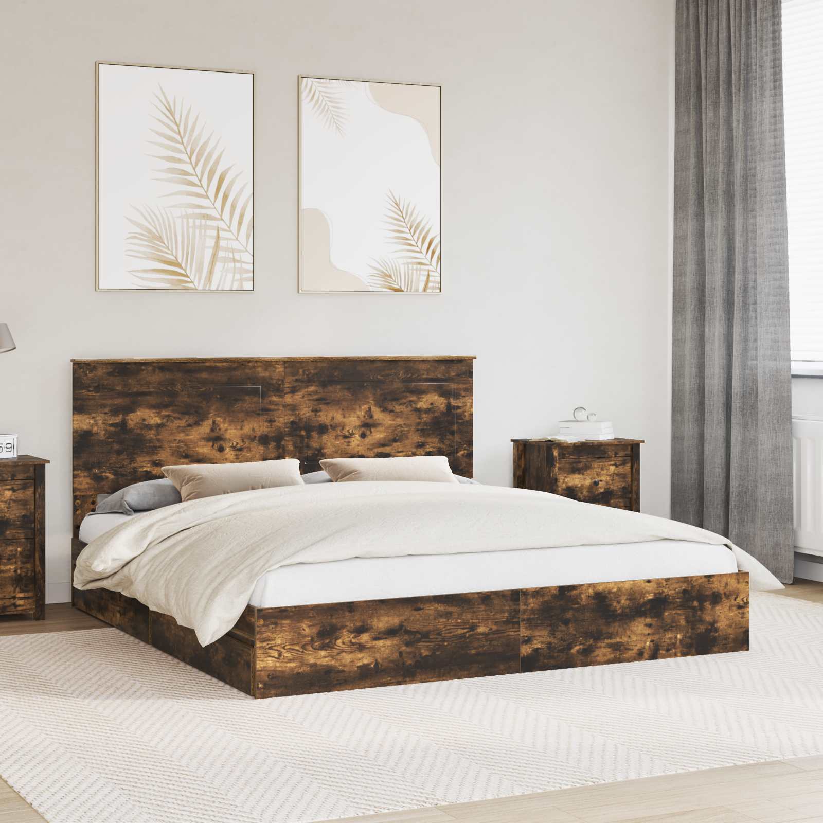 Opslag bed met lade Gerookt eiken 180 x 200 cm Bewerkt hout – afbeelding 1