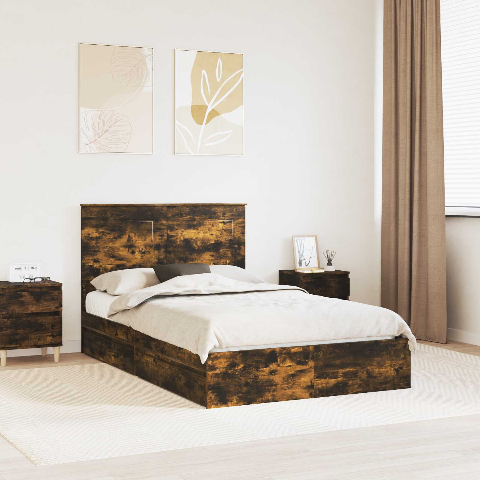 Opslag bed met lade Gerookt eiken 120 x 200 cm Bewerkt hout – afbeelding 1