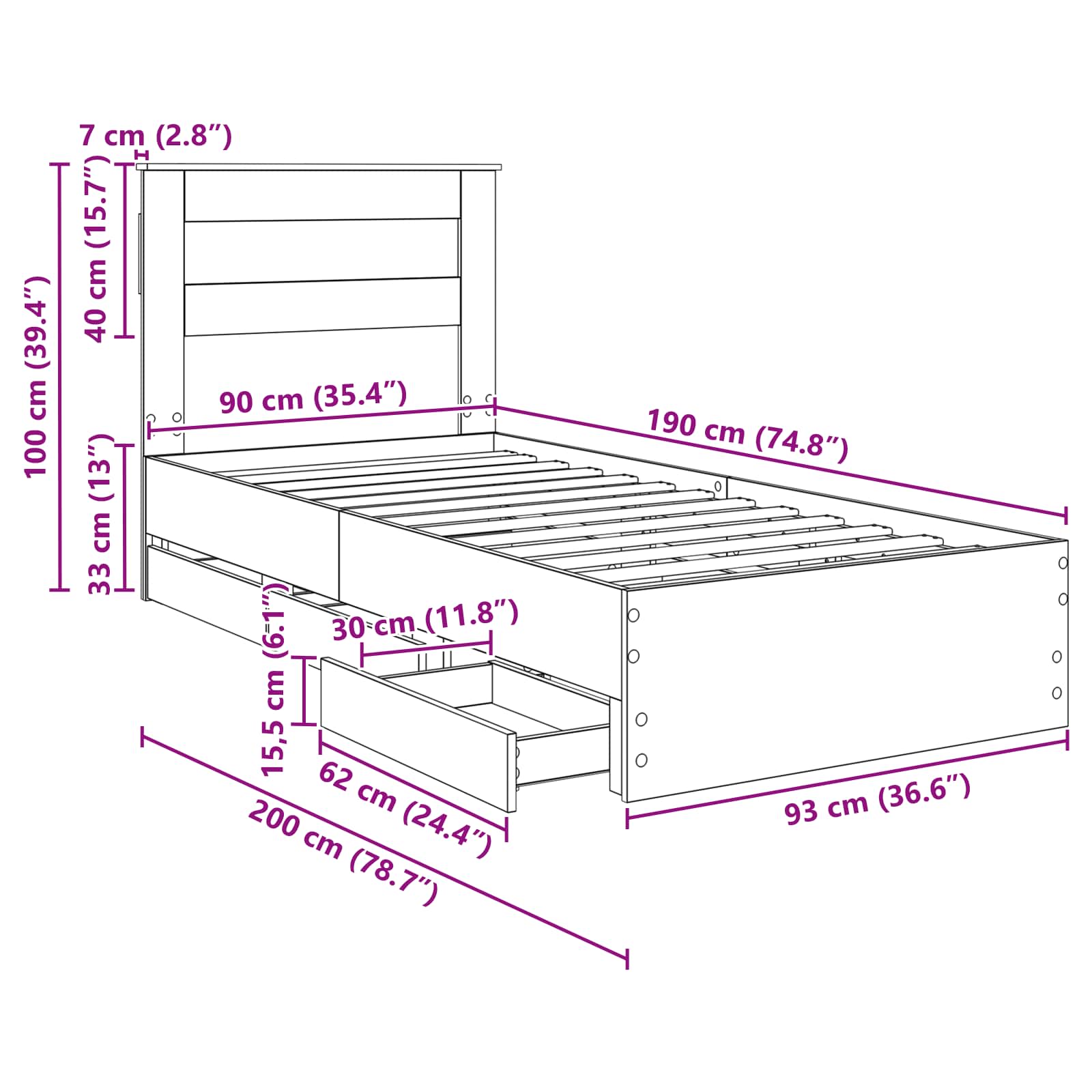 Bedframe met lade Sonoma Eiken 90 x 190 cm Ingenieurshout – afbeelding 12