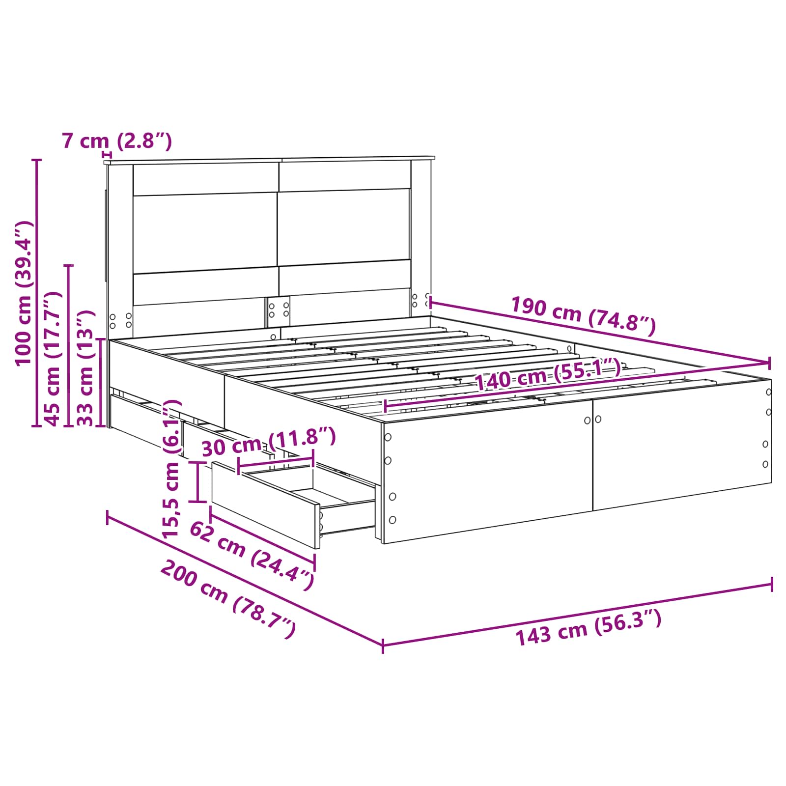 Bedframe met lade Grijs Sonoma 140 x 190 cm Ingenieurshout – afbeelding 12