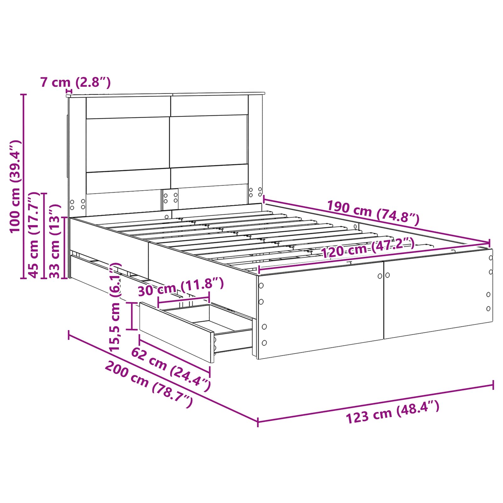 Bedframe met lade Beton Grijs 120 x 190 cm Ingenieurshout – afbeelding 12