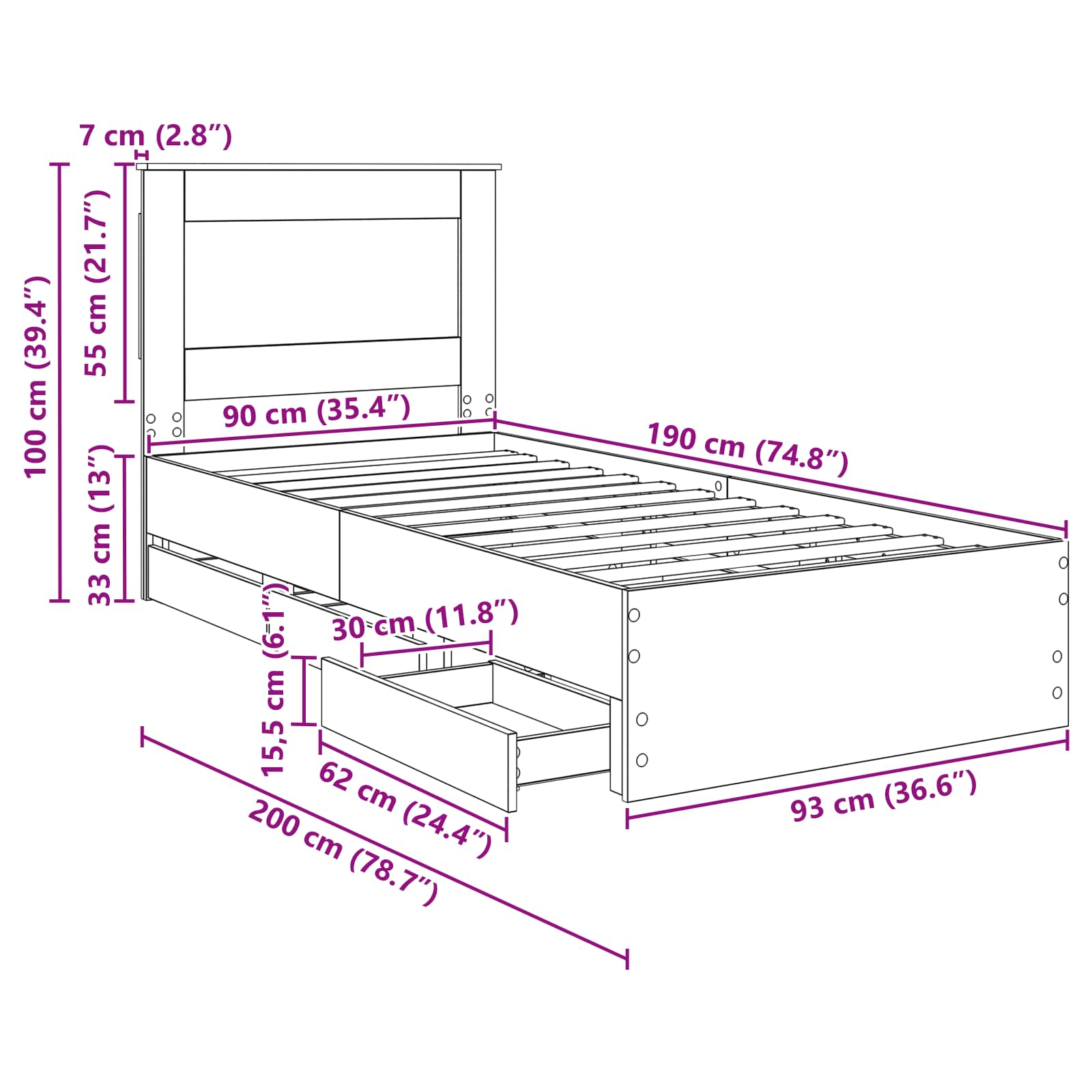 Bedframe met lade Sonoma Eiken 90 x 190 cm Ingenieurshout – afbeelding 12