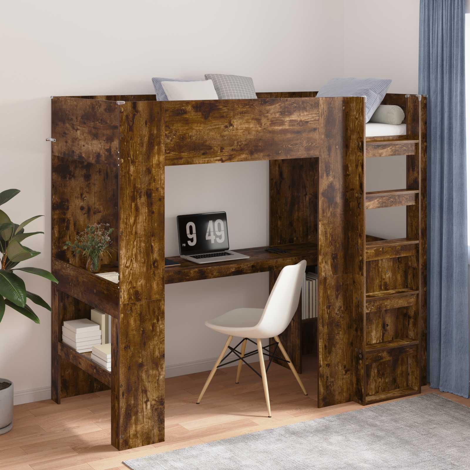 Loft Bedframe met Bureau Gerookt eiken 90 x 190 cm Bewerkt hout