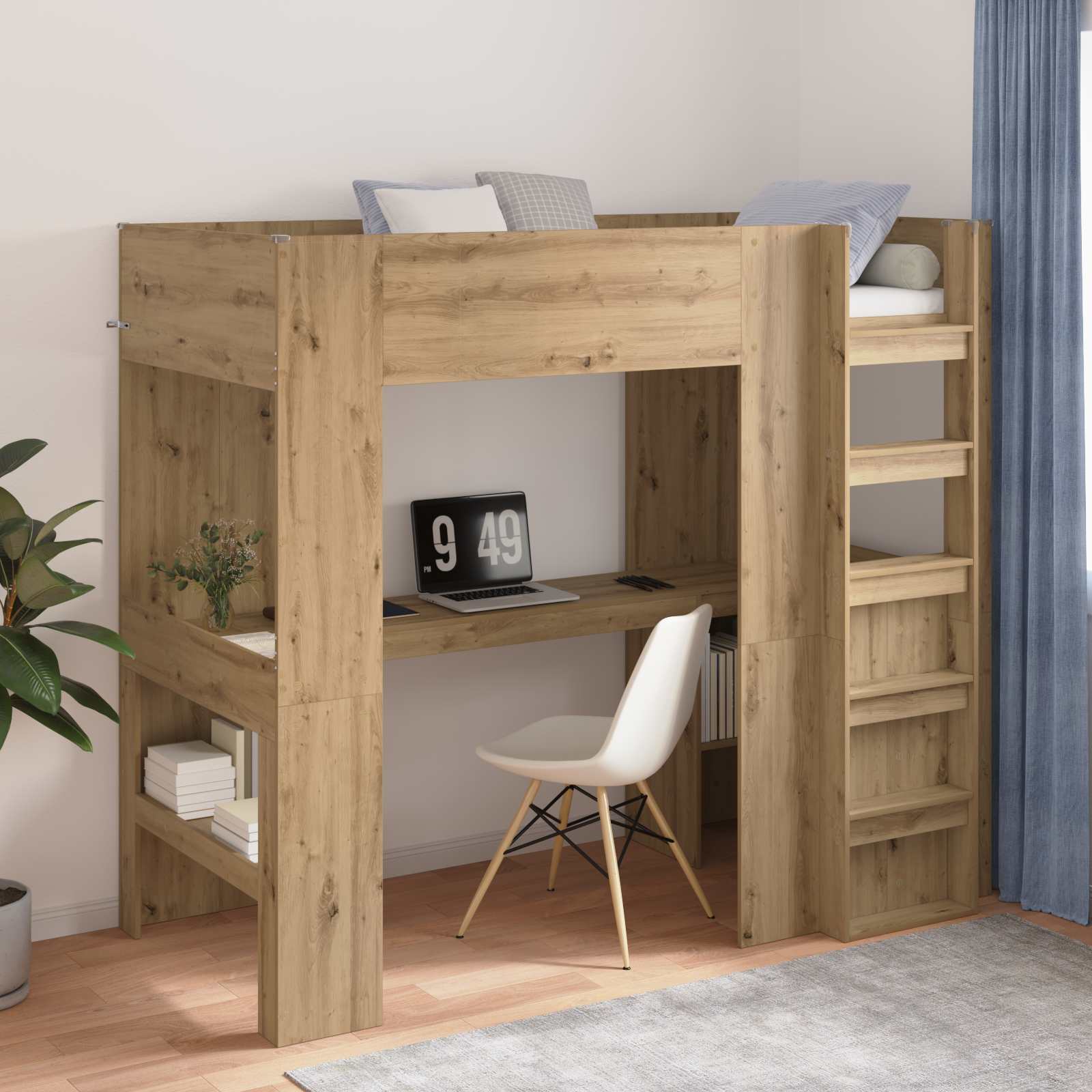 Loft Bedframe met Bureau Artisan Eiken 90 x 200 cm Bewerkt hout – afbeelding 1