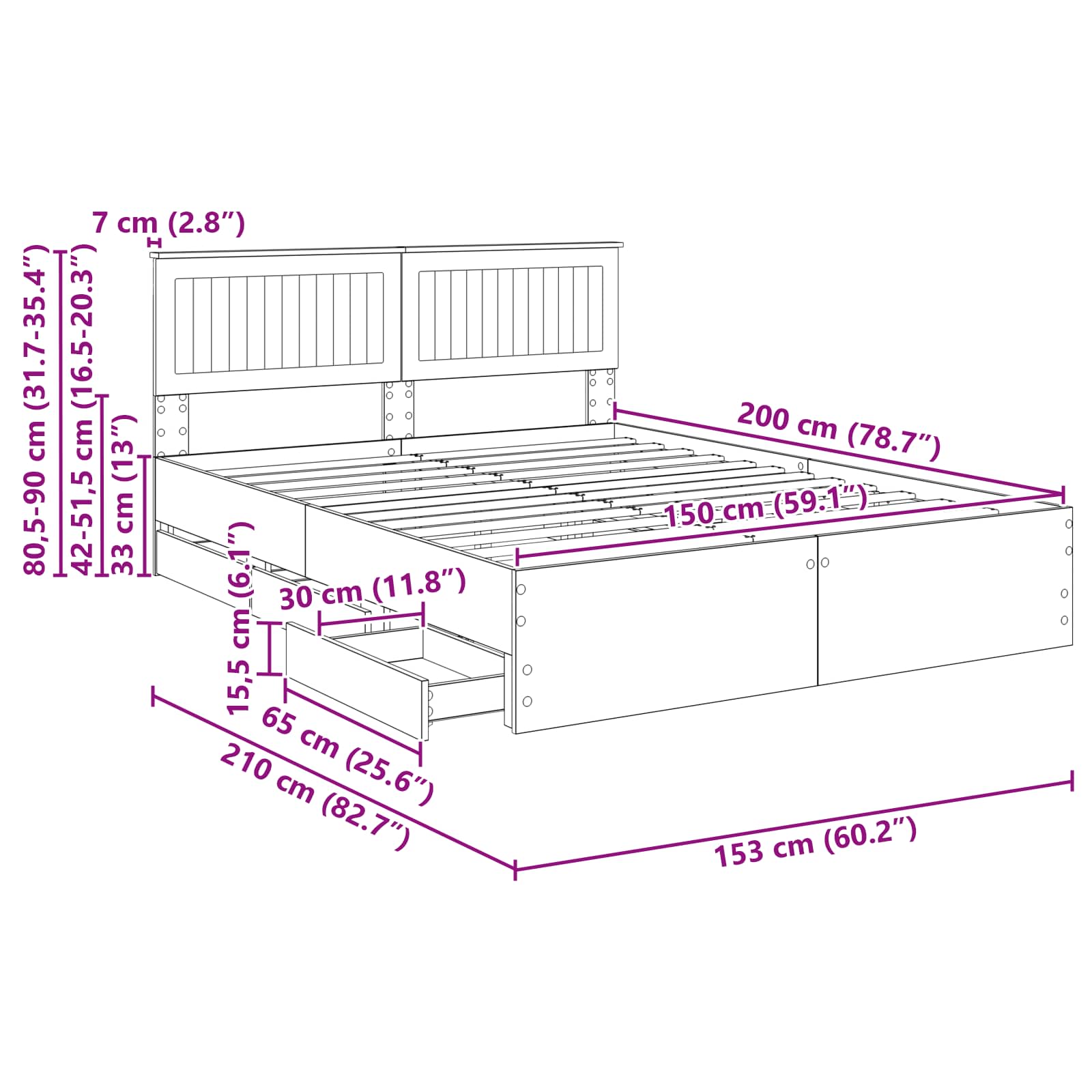 Bedframe met lade met opslag Wit 150 x 200 cm Ingenieurshout – afbeelding 12