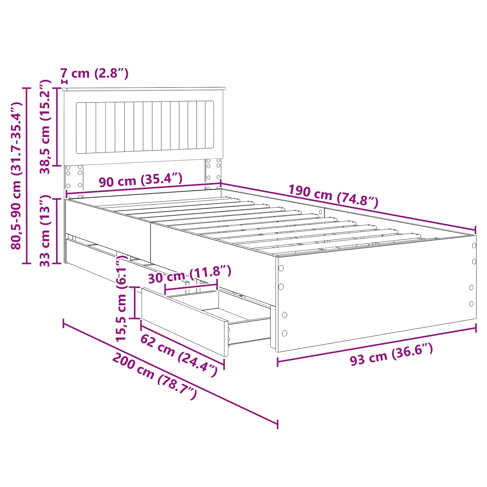 Bedframe met lade Sonoma Eiken 90 x 190 cm Ingenieurshout – afbeelding 12