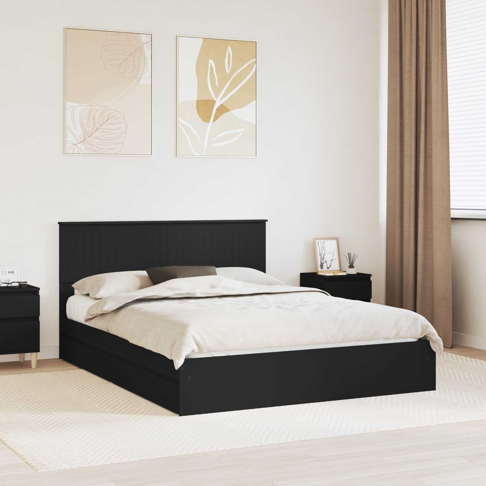 Opslag bed met hoofdeinde Zwart 150 x 200 cm Bewerkt hout – afbeelding 1