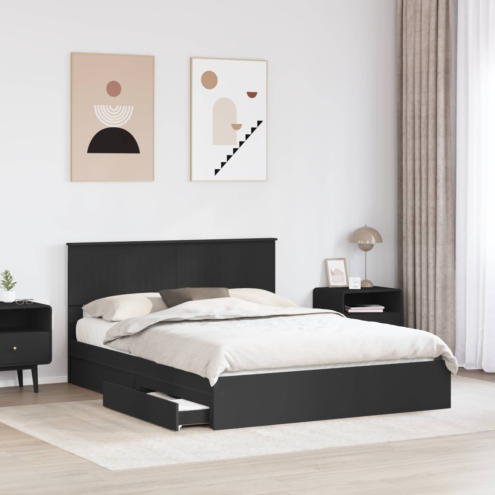 Opslag bed met hoofdeinde Zwart 150 x 200 cm Bewerkt hout – afbeelding 3