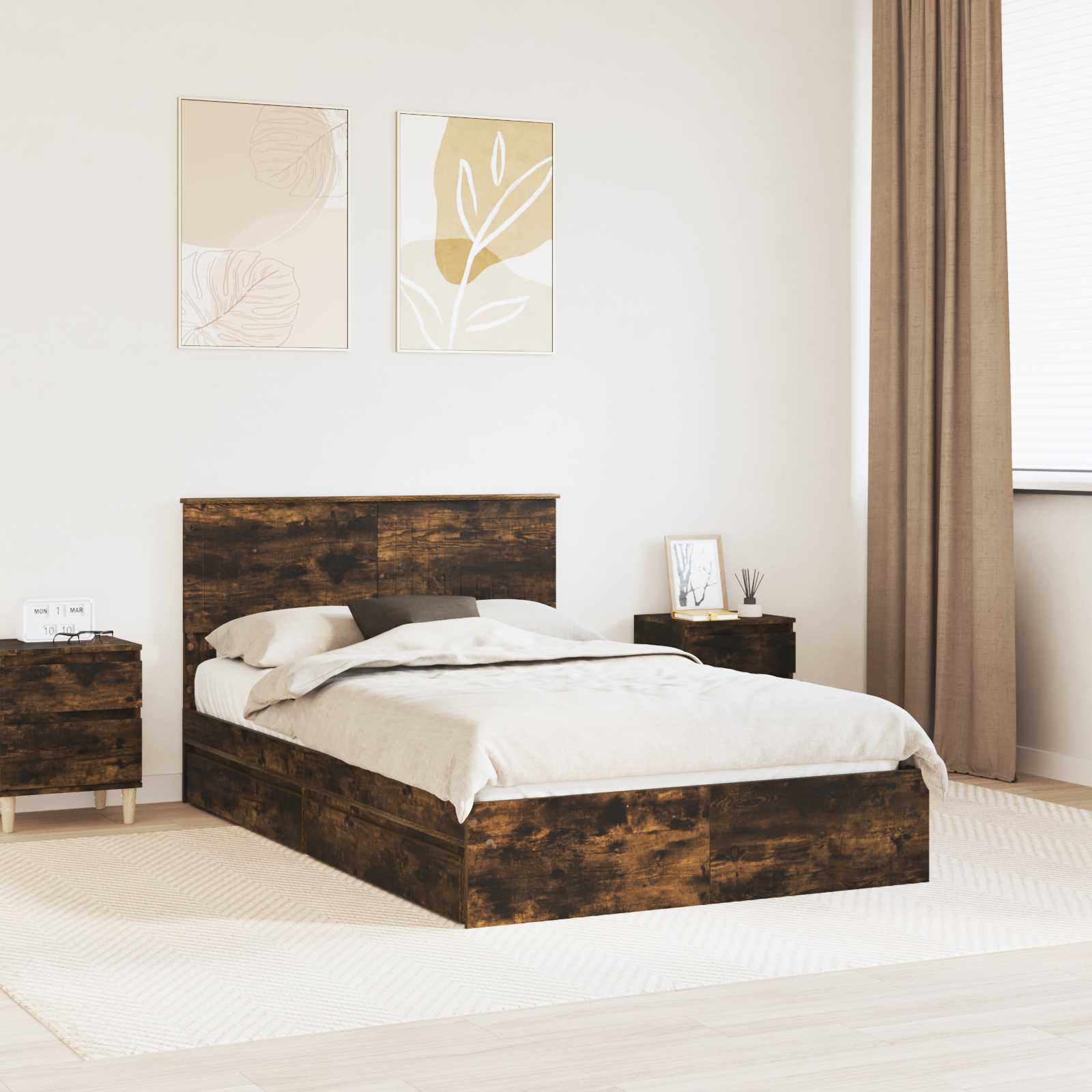 Opslag bed met lade Gerookt eiken 120 x 200 cm Bewerkt hout – afbeelding 1