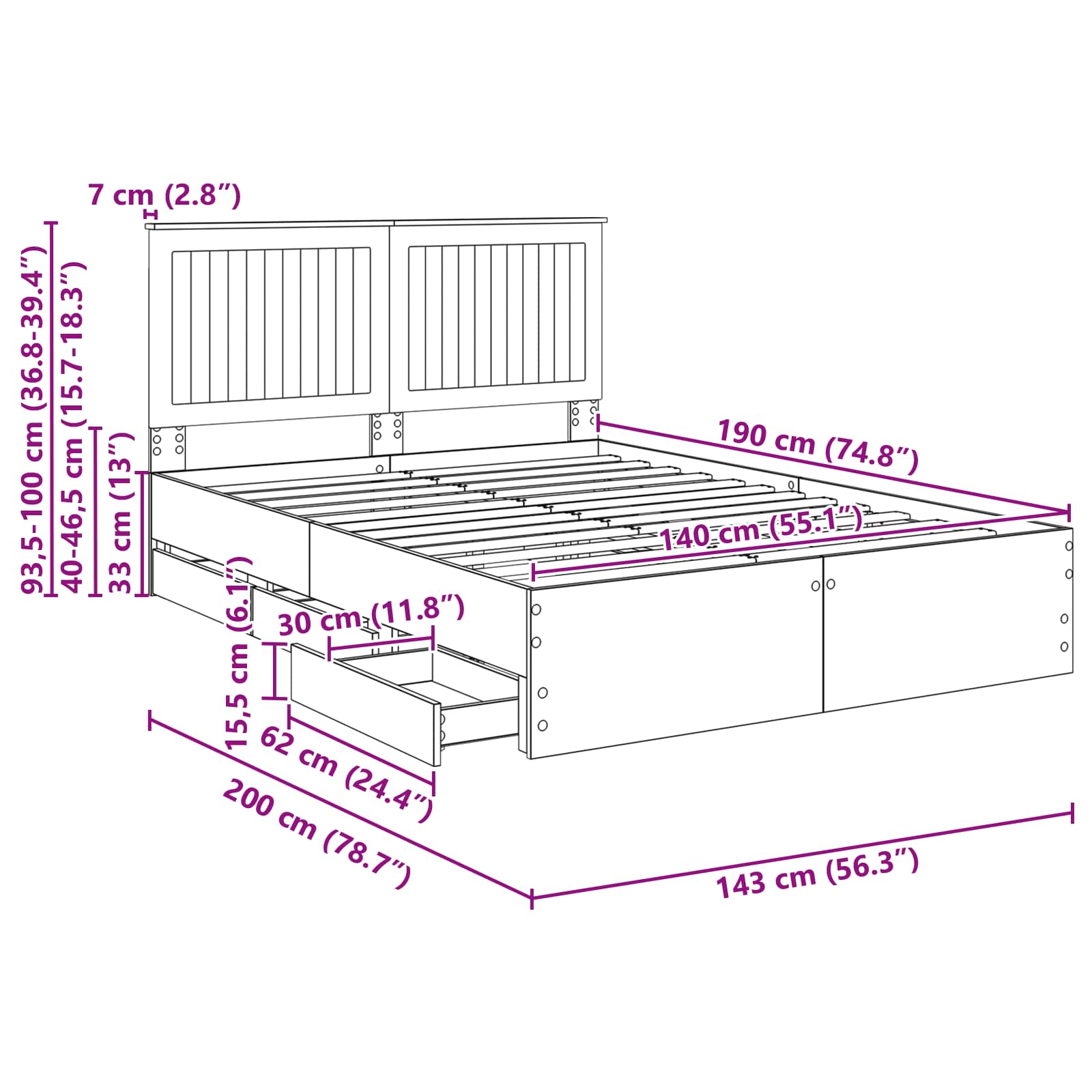 Bedframe met lade Sonoma Eiken 140 x 190 cm Ingenieurshout – afbeelding 12
