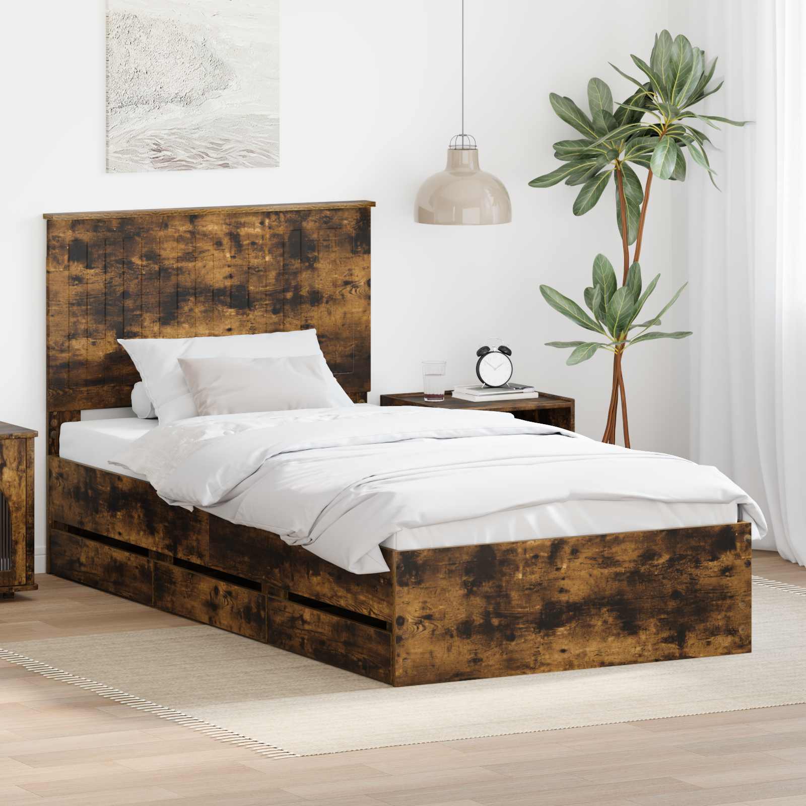 Bedframe met lade Gerookt eiken 100 x 200 cm Ingenieurshout