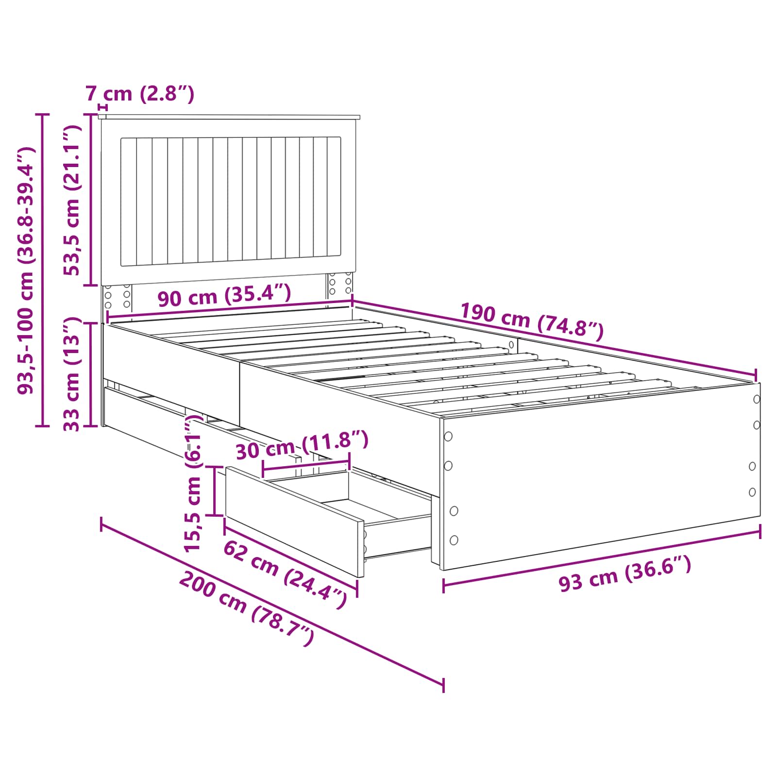 Bedframe met lade Sonoma Eiken 90 x 190 cm Ingenieurshout – afbeelding 12