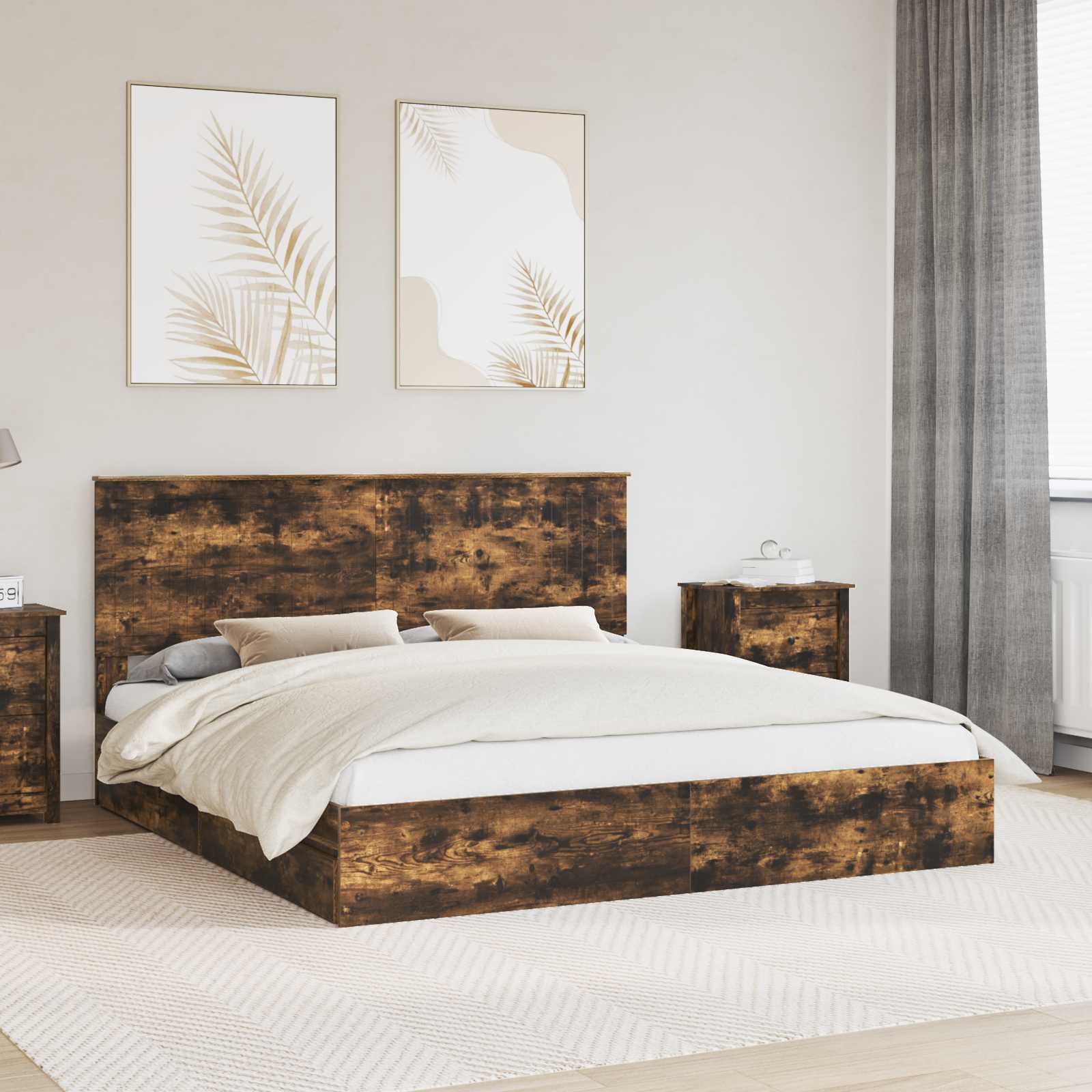 Opslag bed met lade Gerookt eiken 180 x 200 cm Bewerkt hout – afbeelding 1