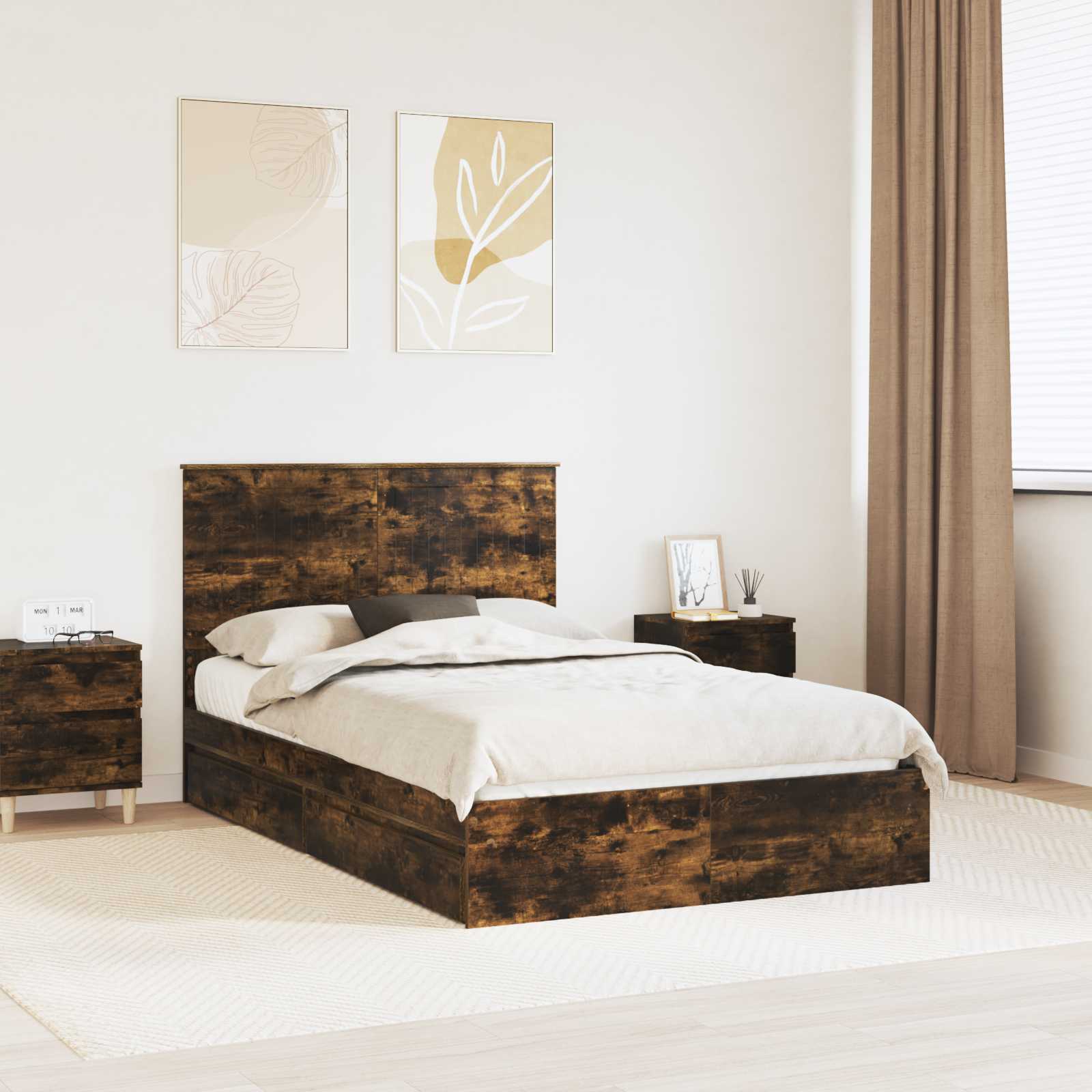 Opslag bed met lade Gerookt eiken 120 x 200 cm Bewerkt hout – afbeelding 1