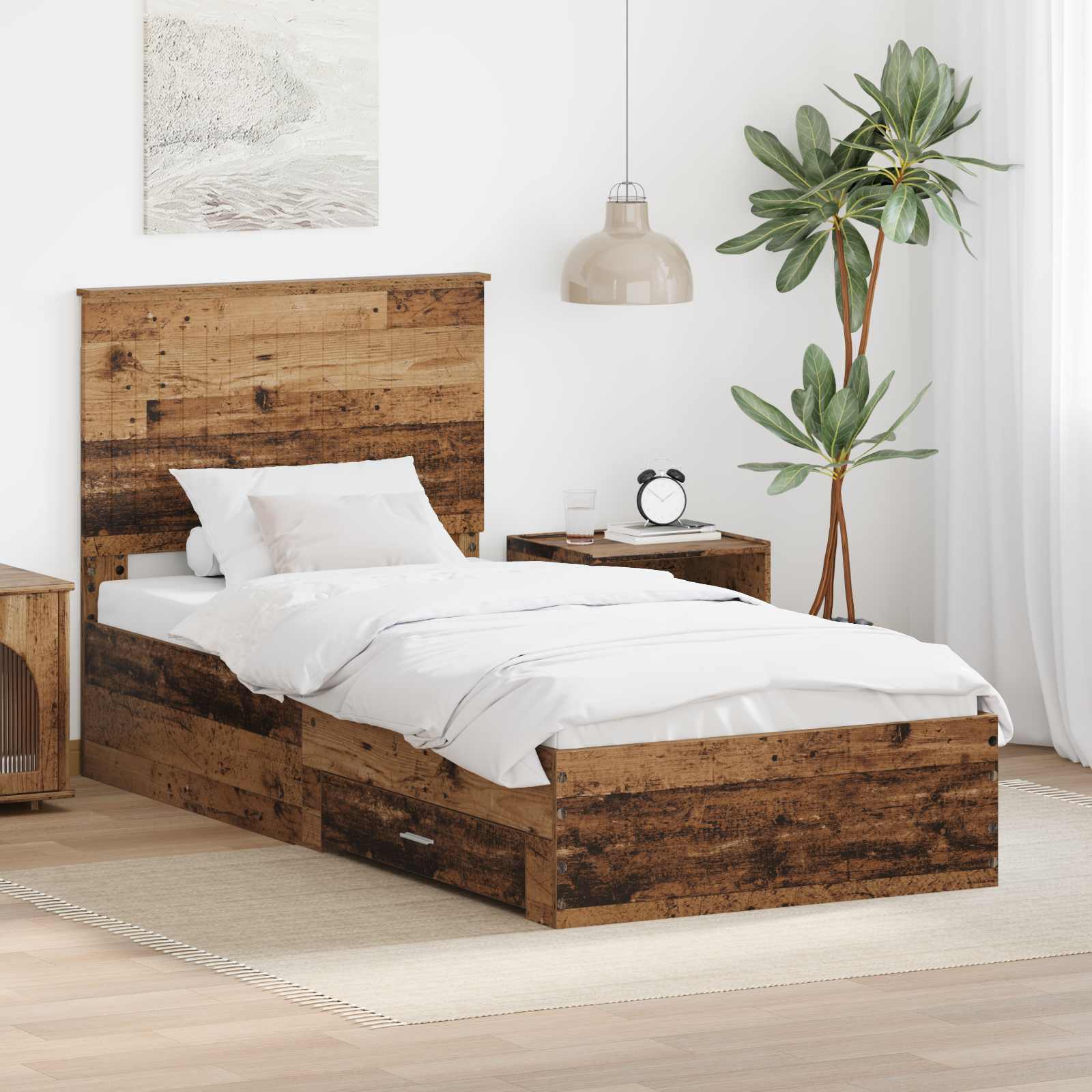 Bedframe met hoofdeinde Oudhout 90 x 190 cm Bewerkt hout