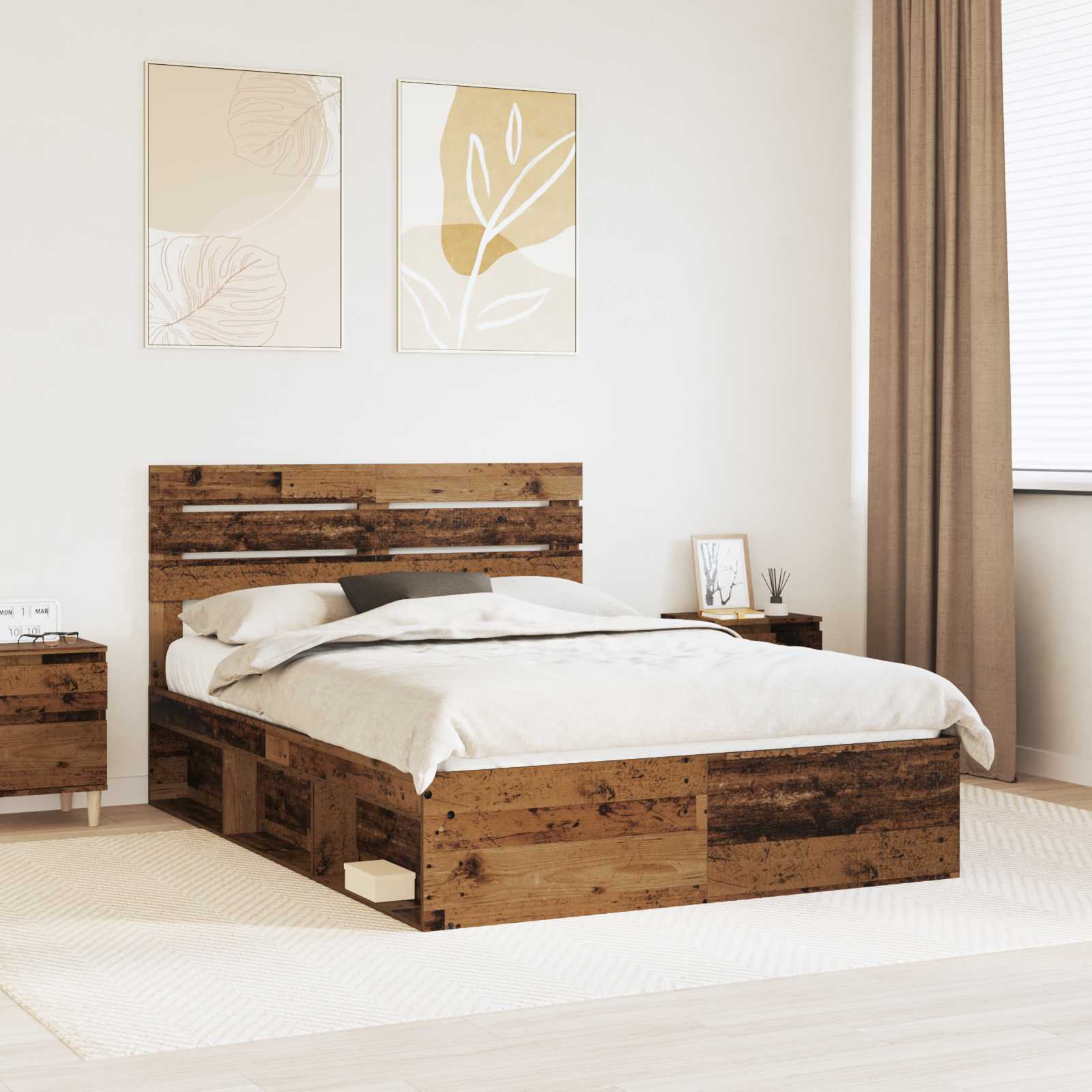 Bedframe met hoofdeinde Oudhout 140 x 200 cm Massief grenenhout – afbeelding 1