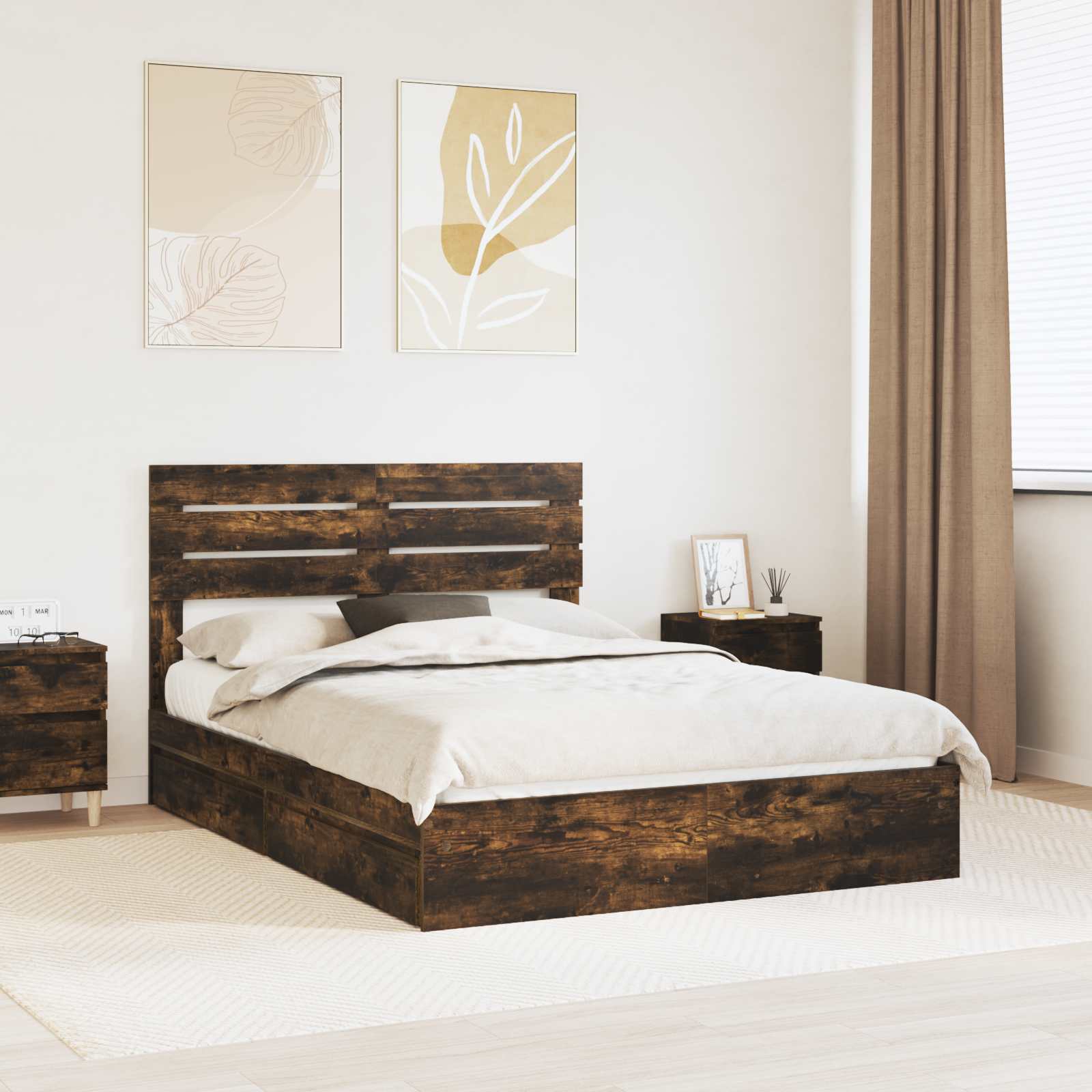 Opslag bed met lade Gerookt eiken 160 x 200 cm Bewerkt hout