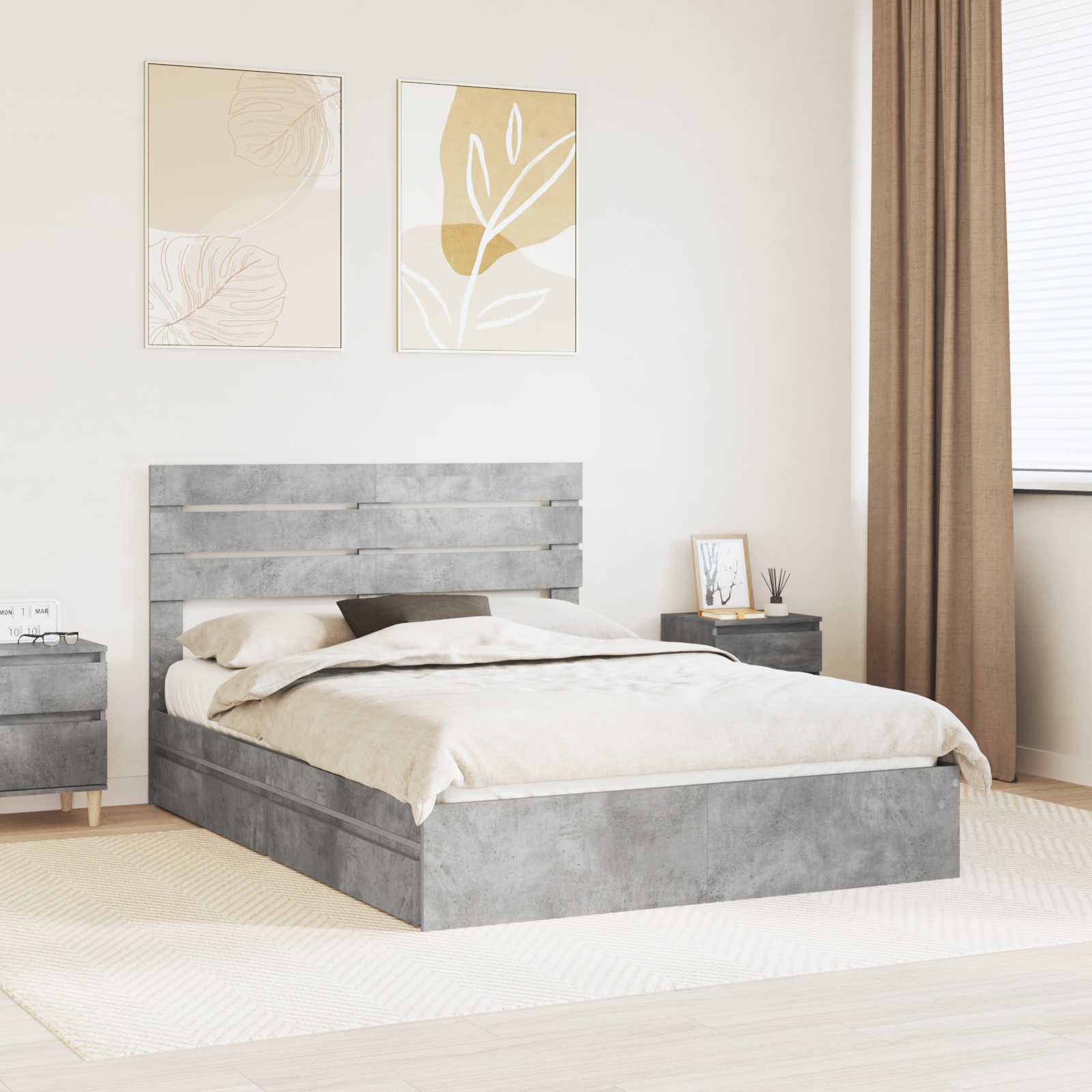 Opslag bed met hoofdeinde Beton Grijs 150 x 200 cm Bewerkt hout