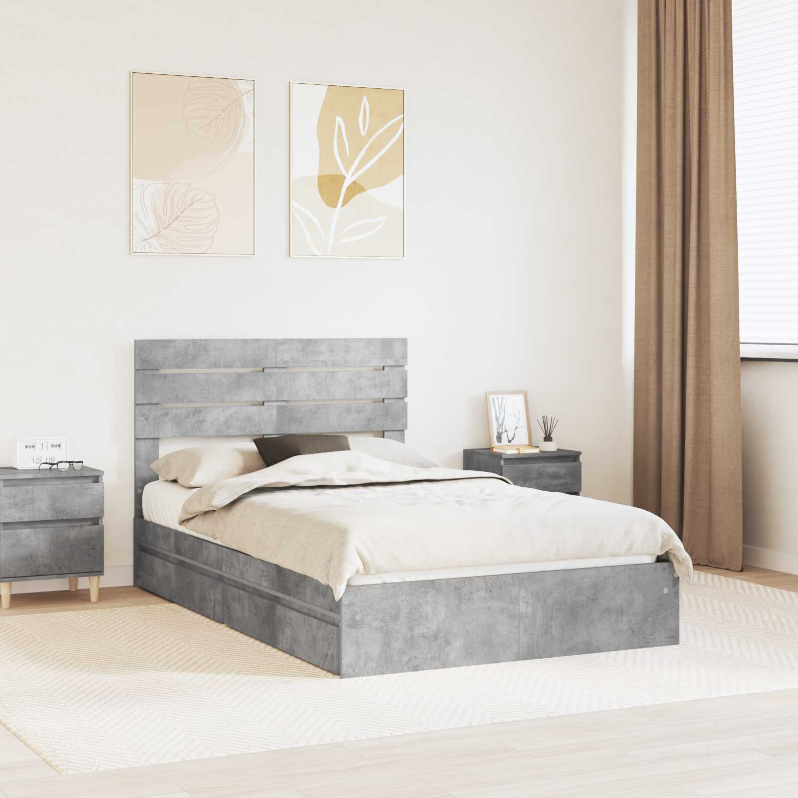 Opslag bed met hoofdeinde Beton Grijs 135 x 190 cm Bewerkt hout
