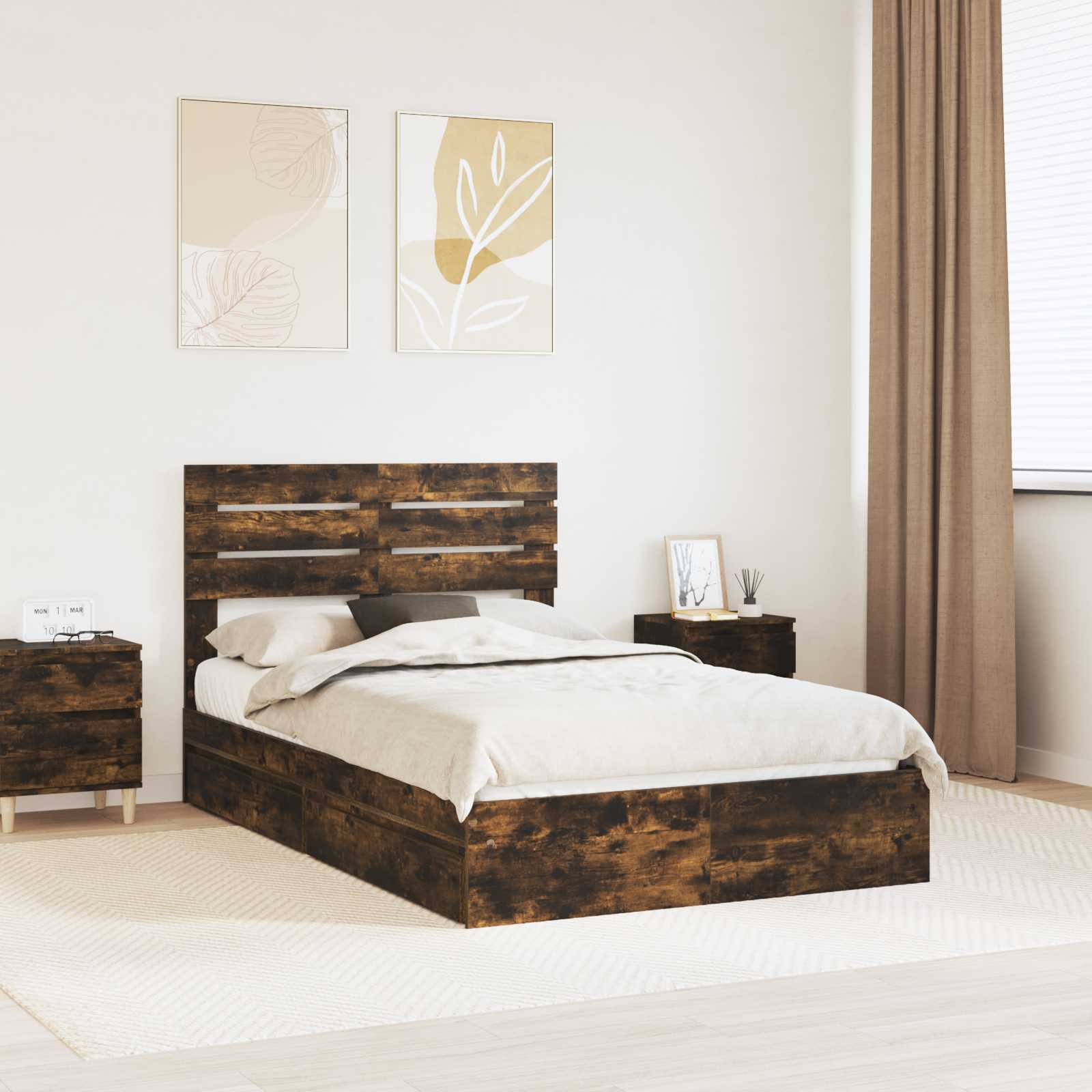 Opslag bed met lade Gerookt eiken 135 x 190 cm Bewerkt hout