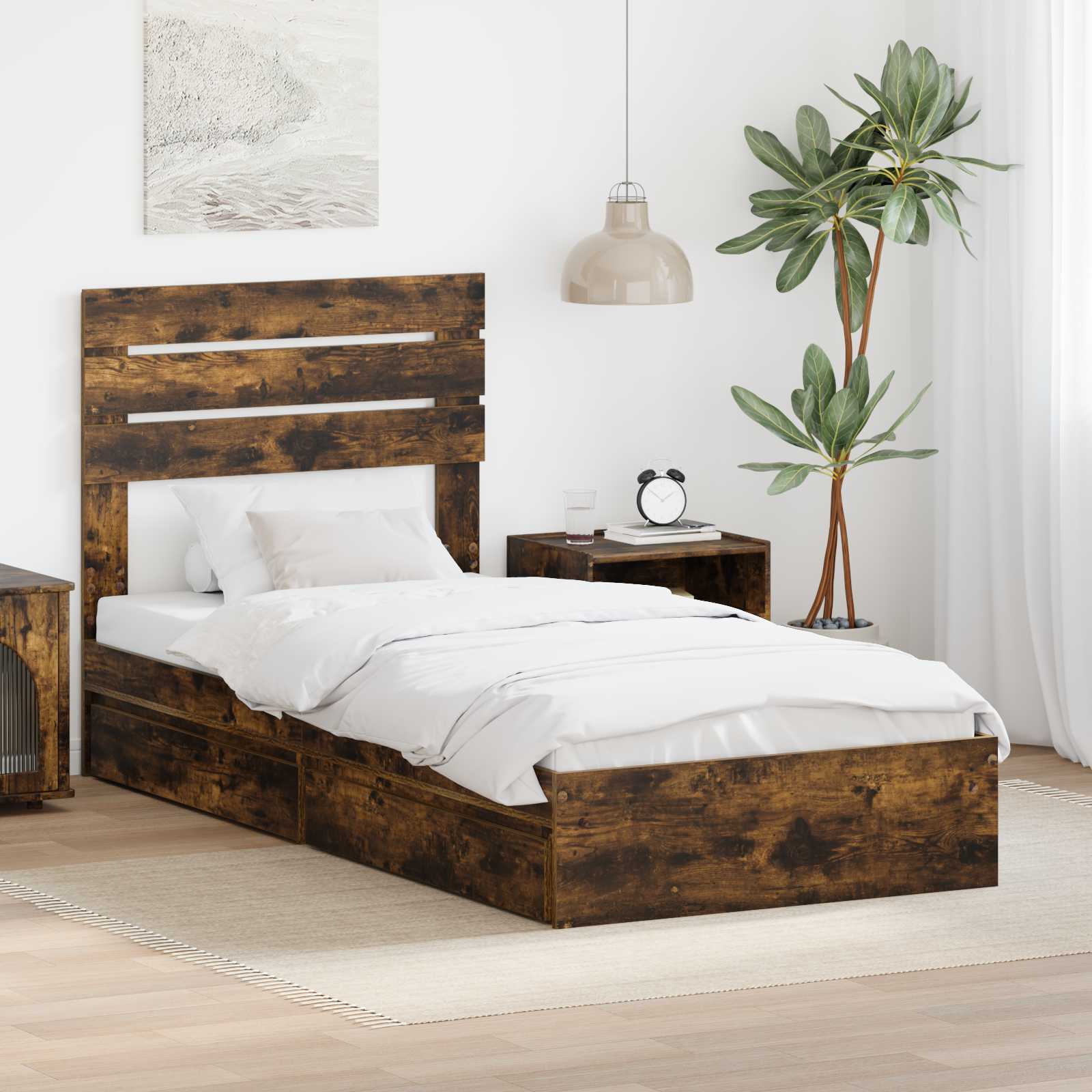 Opslag bed met lade Gerookt eiken 75 x 190 cm Bewerkt hout