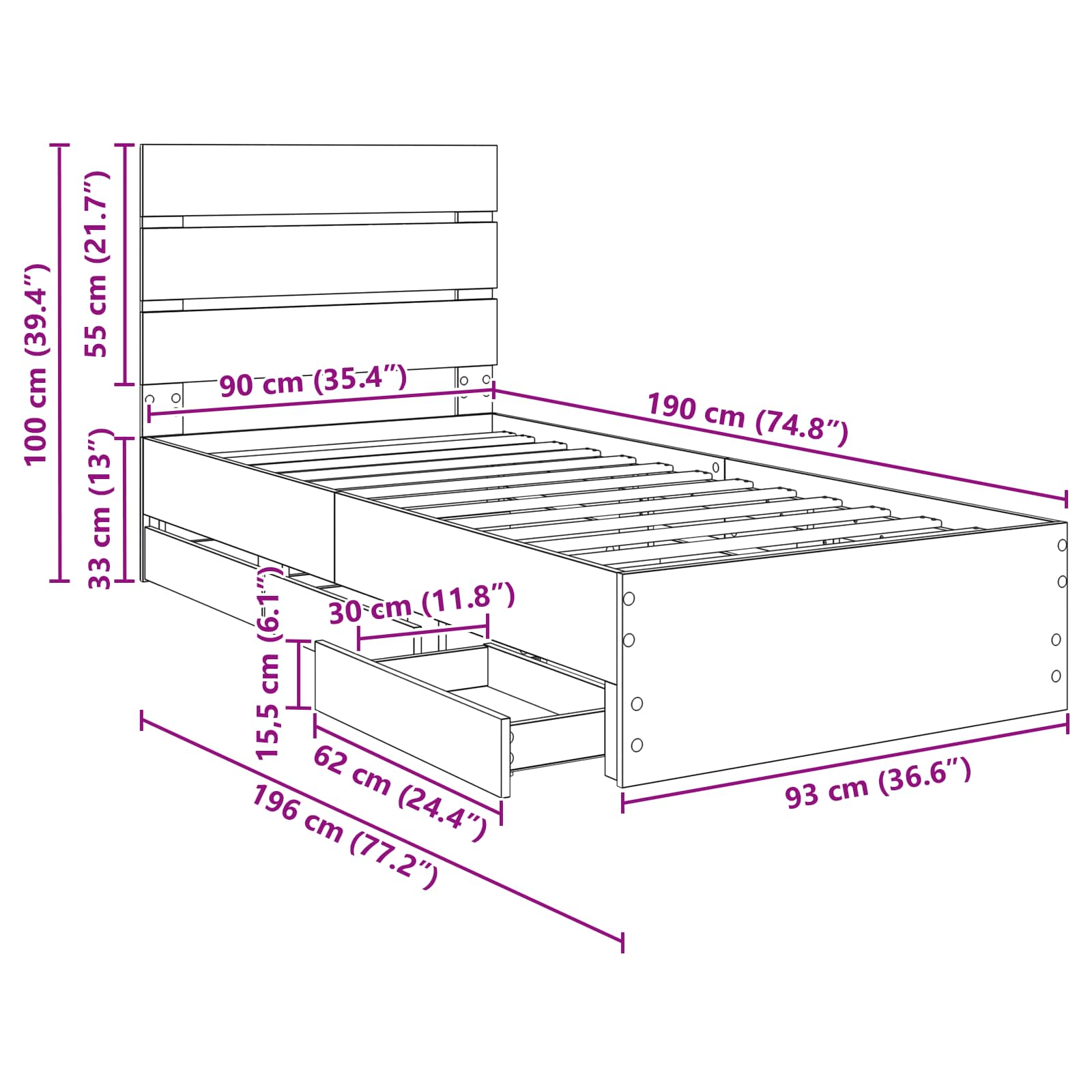 Bedframe met lade Sonoma Eiken 90 x 190 cm Ingenieurshout – afbeelding 12