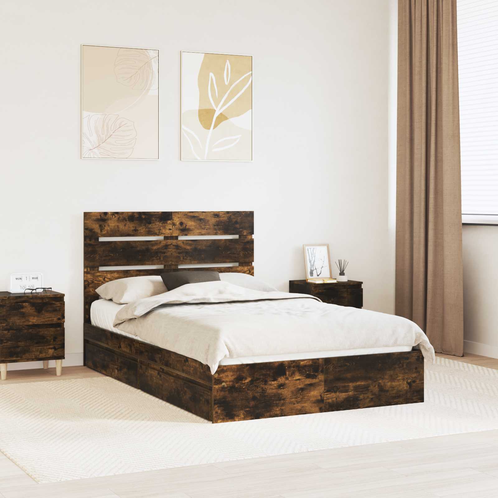 Opslag bed met lade Gerookt eiken 120 x 200 cm Bewerkt hout – afbeelding 1