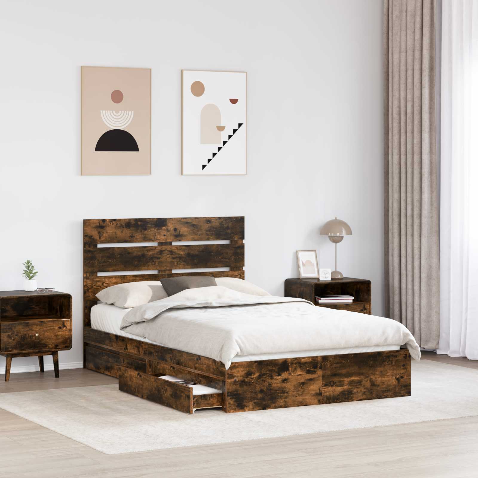 Opslag bed met lade Gerookt eiken 120 x 200 cm Bewerkt hout – afbeelding 3
