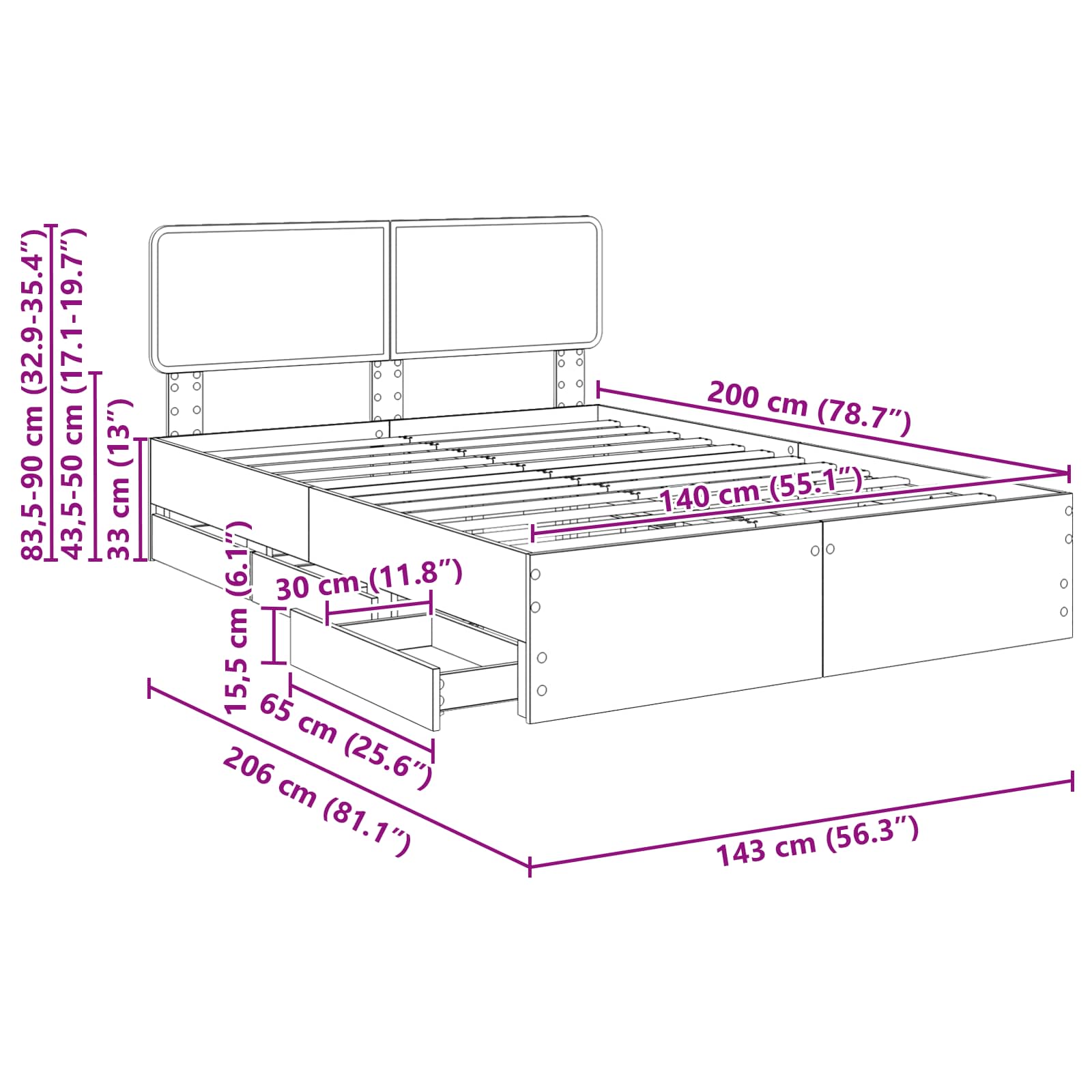 Bedframe met lade Zwart 140 x 200 cm Geconstrueerd hout – afbeelding 12
