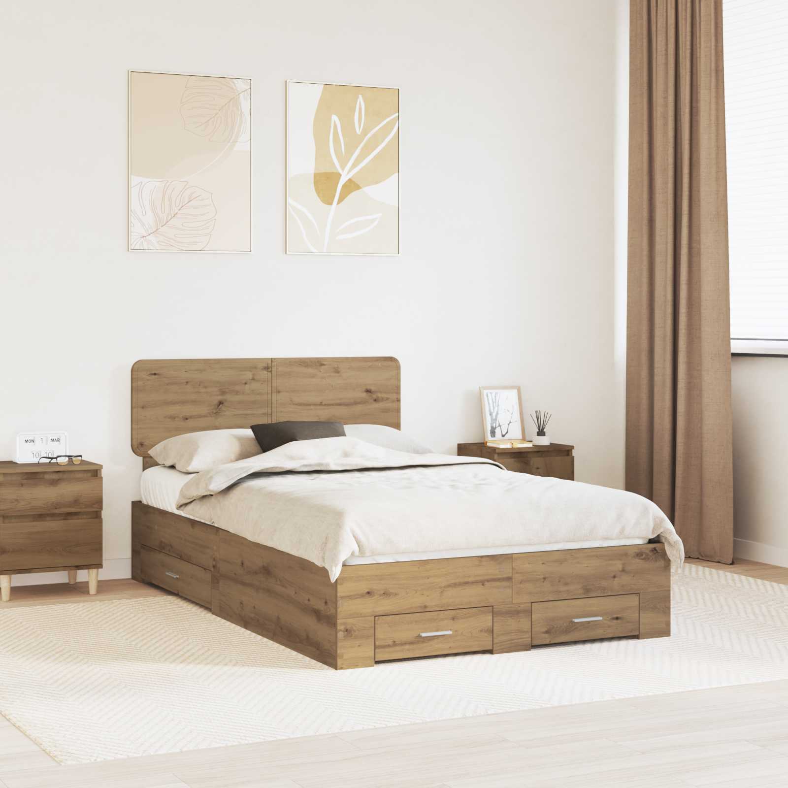 Bedframe met hoofdeinde Artisan Eiken 120 x 200 cm Bewerkt hout – afbeelding 1