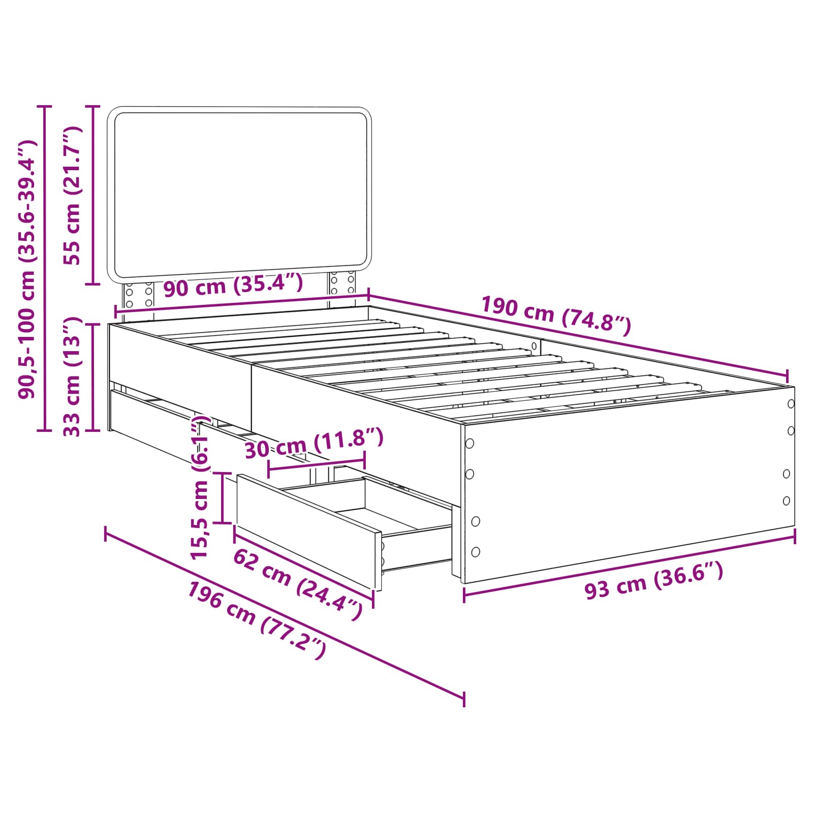 Bedframe met lade Sonoma Eiken 90 x 190 cm Ingenieurshout – afbeelding 12