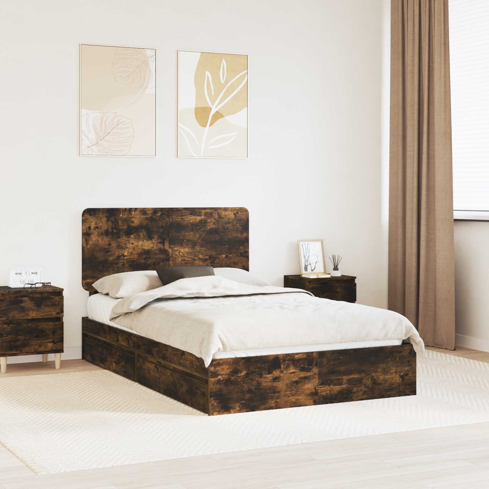 Opslag bed met lade Gerookt eiken 120 x 200 cm Bewerkt hout – afbeelding 1