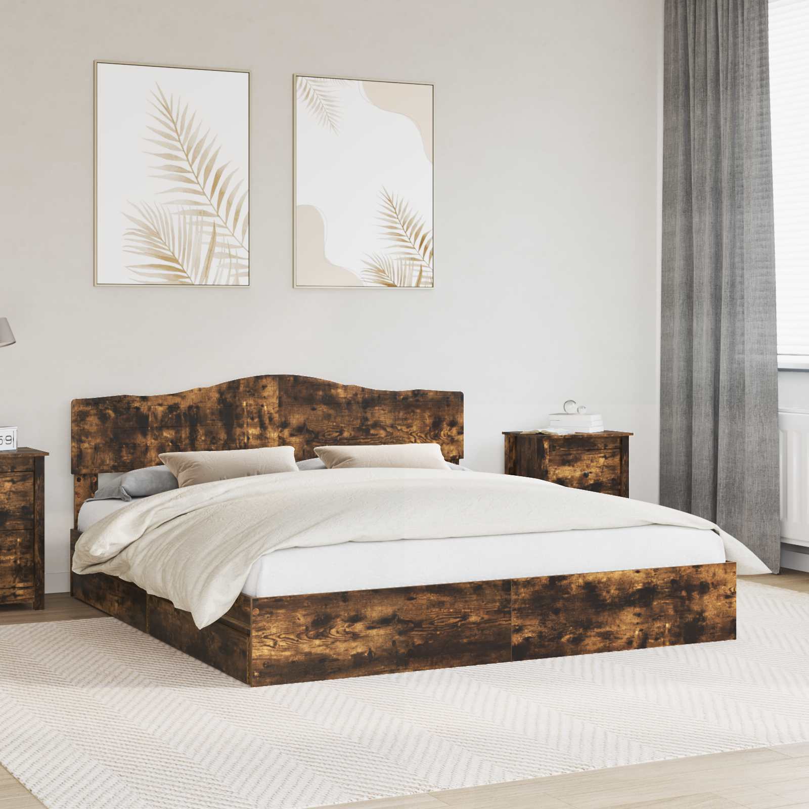Opslag bed met lade Gerookt eiken 180 x 200 cm Bewerkt hout – afbeelding 1