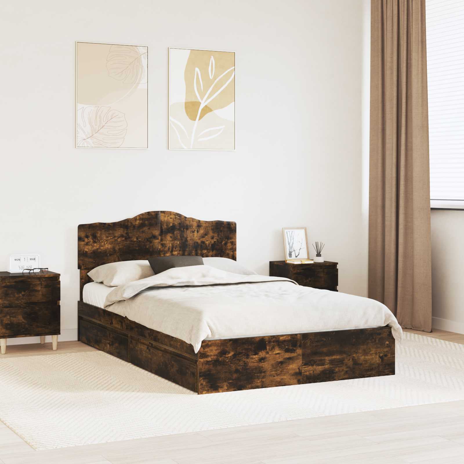 Opslag bed met lade Gerookt eiken 120 x 200 cm Bewerkt hout – afbeelding 1