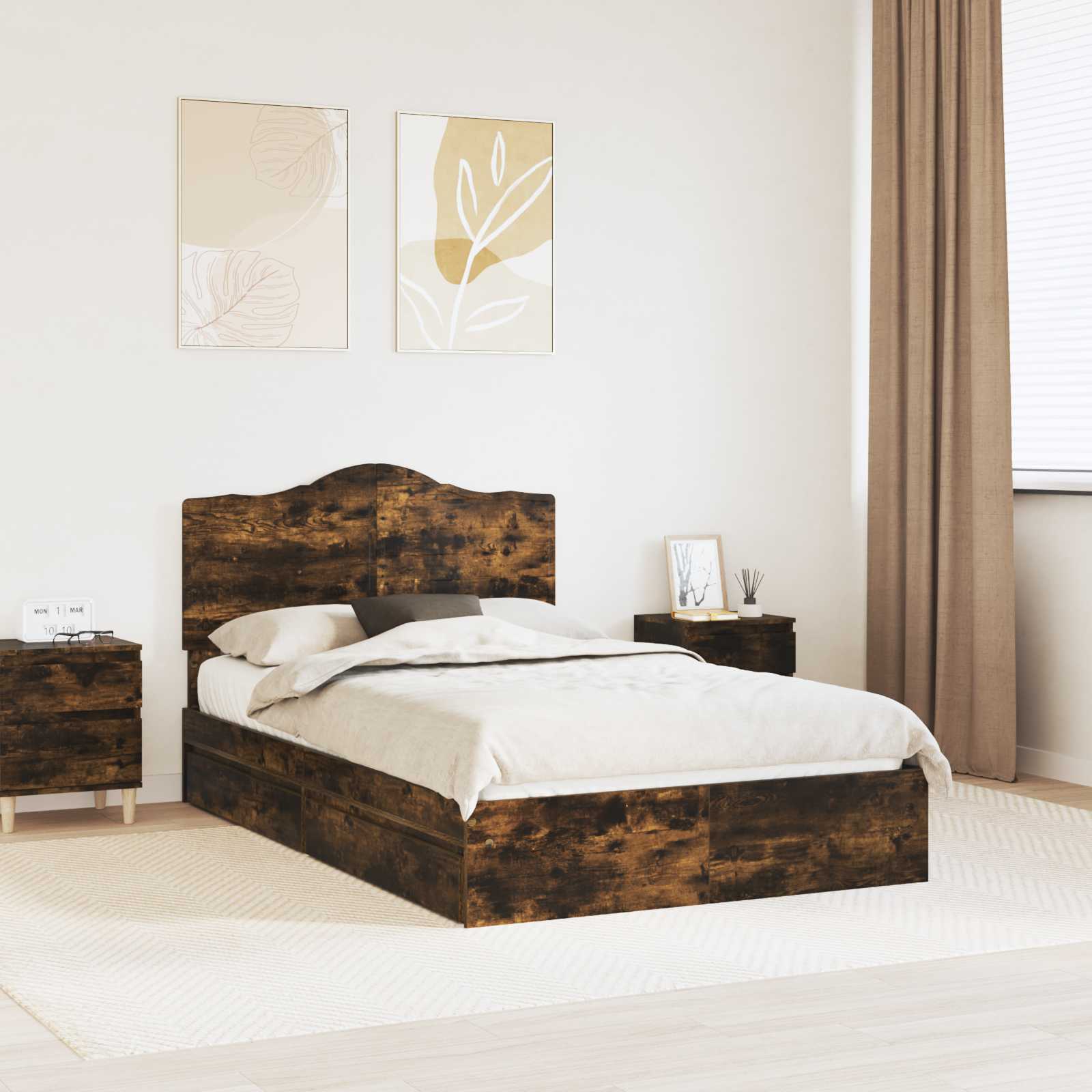 Opslag bed met lade Gerookt eiken 120 x 200 cm Bewerkt hout – afbeelding 1