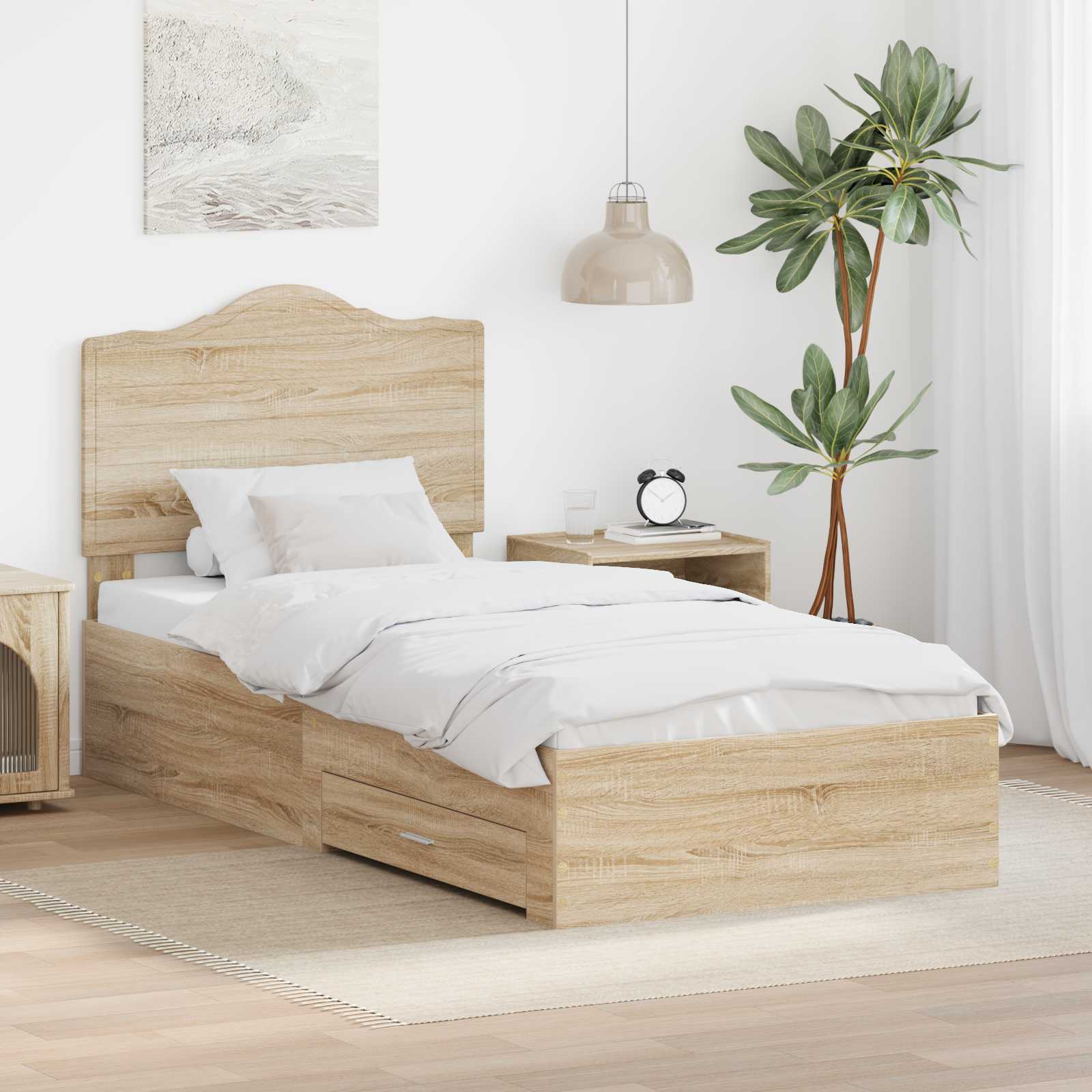 Bedframe met hoofdeinde Sonoma Eiken 90 x 200 cm Bewerkt hout – afbeelding 1