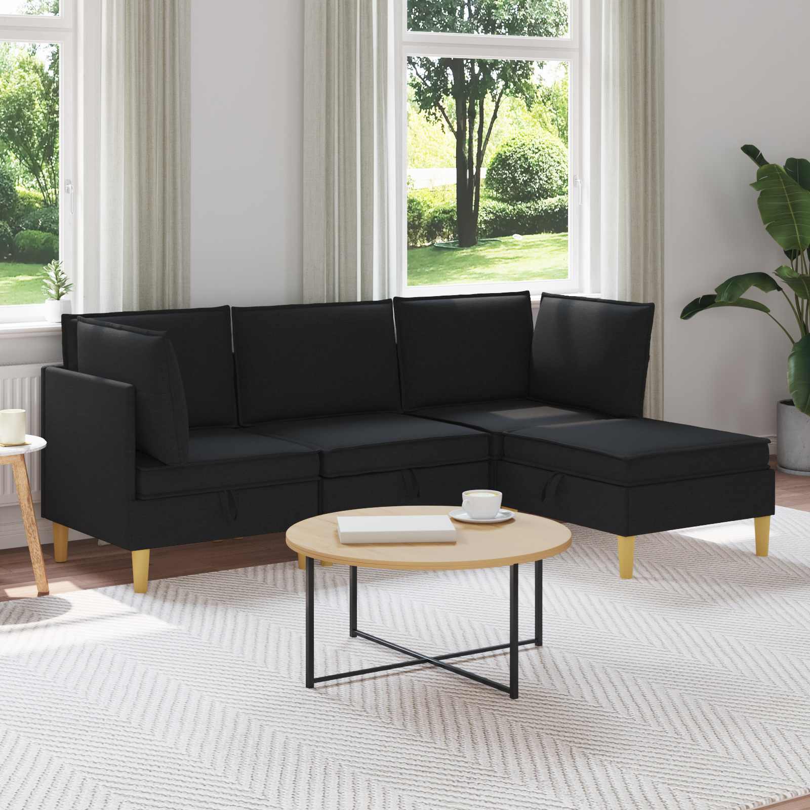 Woonkamer Meubelset met kussen met opslag 4 pcs Zwart Stof – afbeelding 1