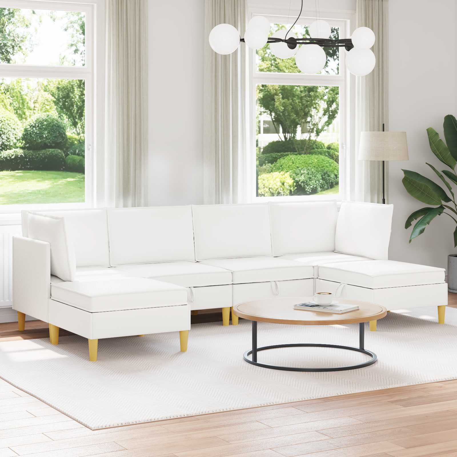 Woonkamer Meubelset met kussen met opslag 6 pcs Wit Stof – afbeelding 1