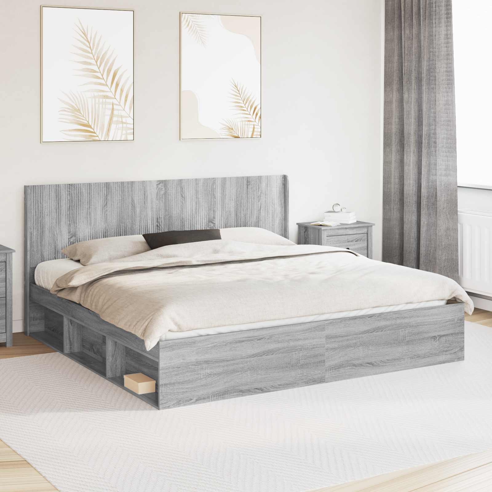 Bedframe met opbergruimte en hoofdbord Grijs Sonoma
