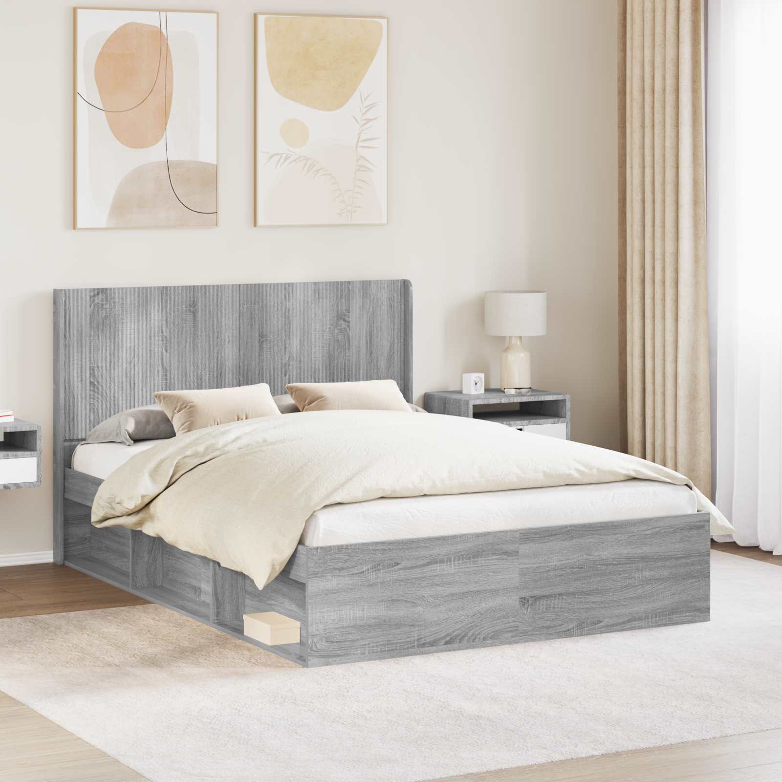 Bedframe met opbergruimte en hoofdbord Grijs Sonoma