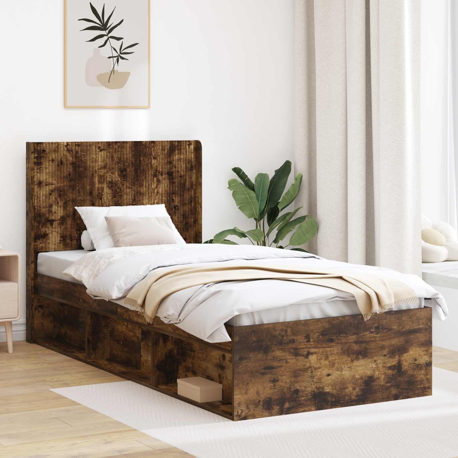 Bedframe met opbergruimte en hoofdbord Gerookt eiken – afbeelding 1
