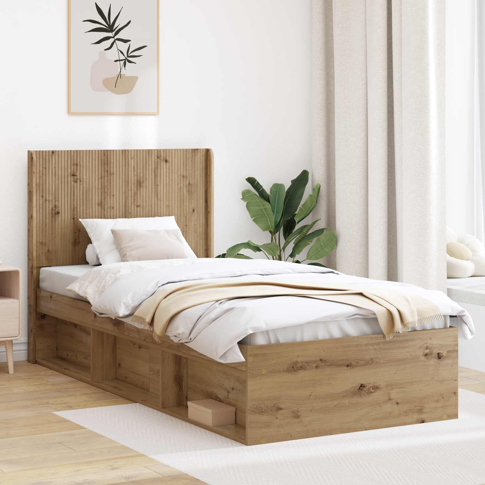 Bedframe met opbergruimte en hoofdbord Artisanaal eiken