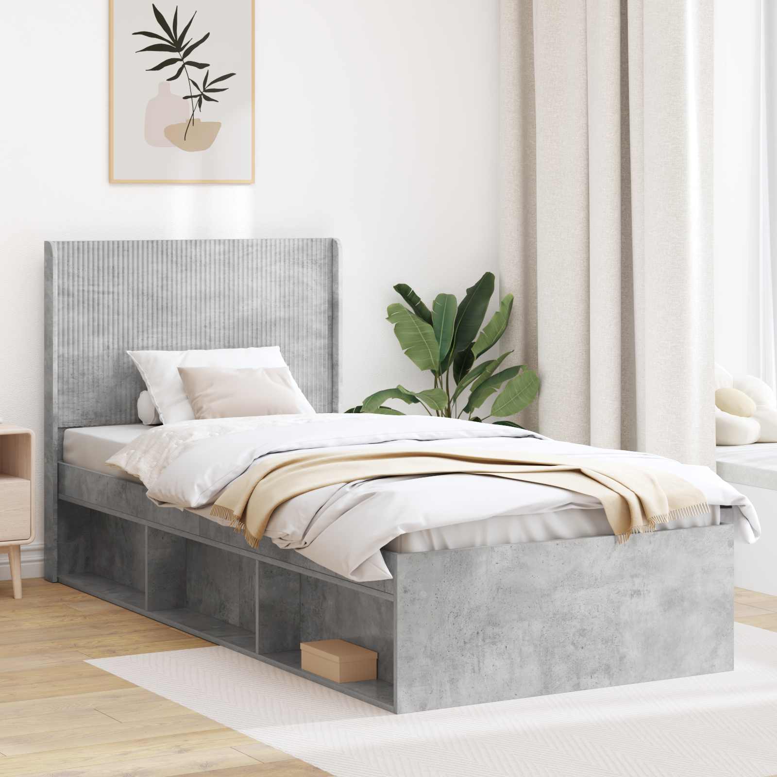 Bedframe met opbergruimte en hoofdbord Betongrijs 90 x 200 cm