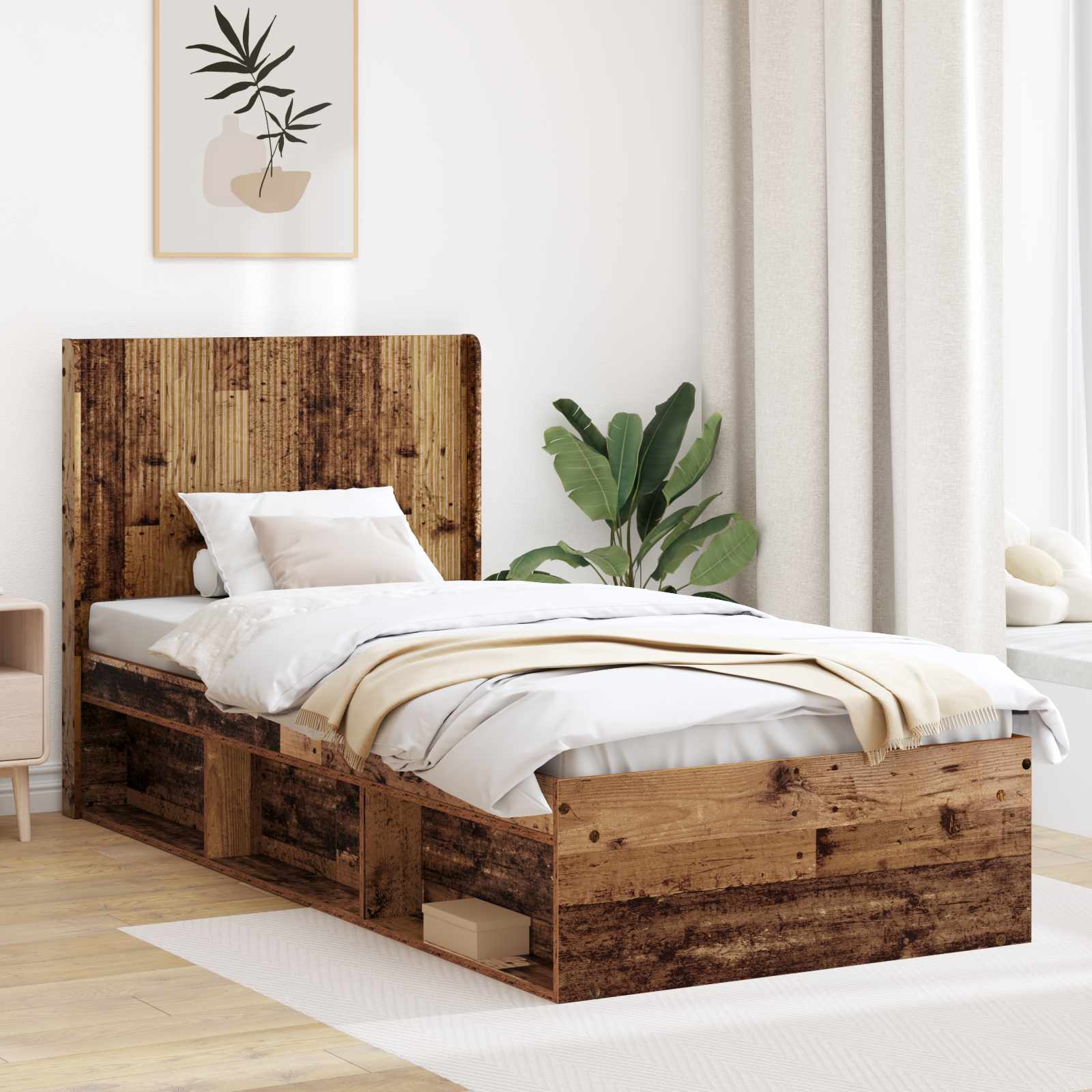 Bedframe met opbergruimte en hoofdbord Oud hout 90 x 200 cm