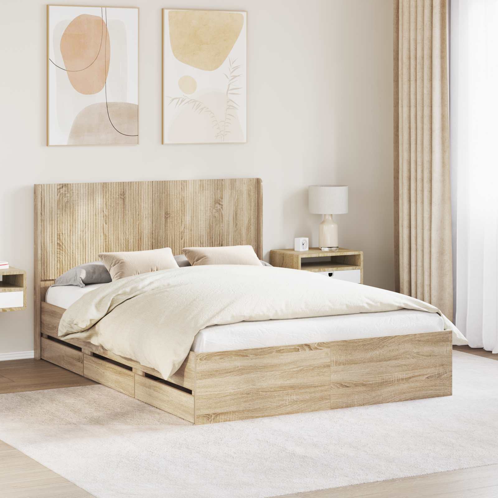 Bedframe met opbergruimte en hoofdbord met lade Sonoma Eiken – afbeelding 1