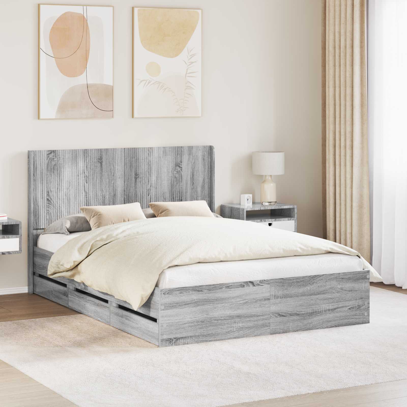 Bedframe met opbergruimte en hoofdbord met lade Grijs sonoma – afbeelding 1