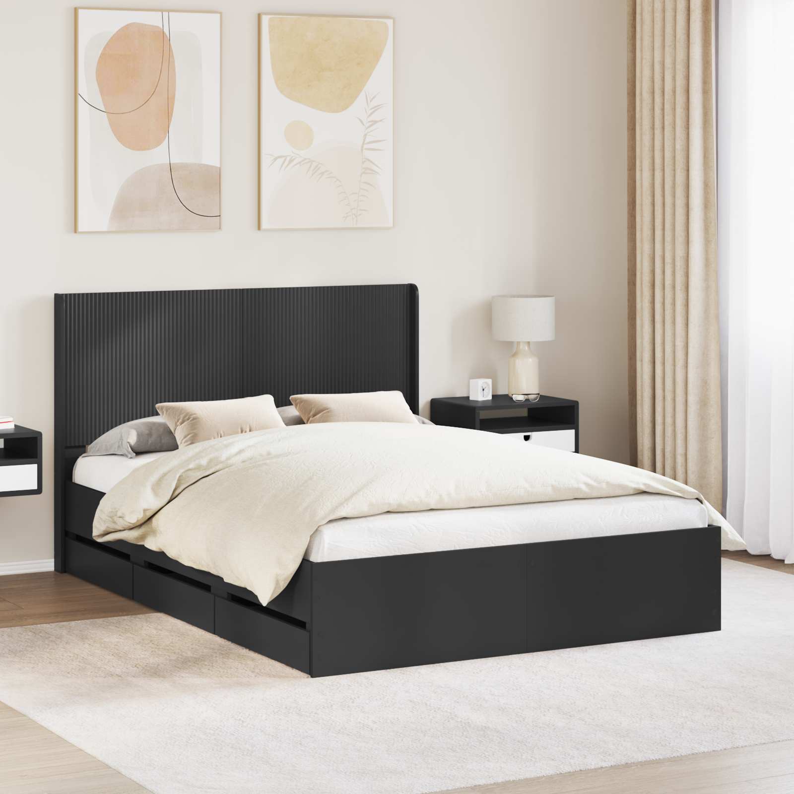Bedframe met opbergruimte en hoofdbord Zwart 140 x 190 cm – afbeelding 1