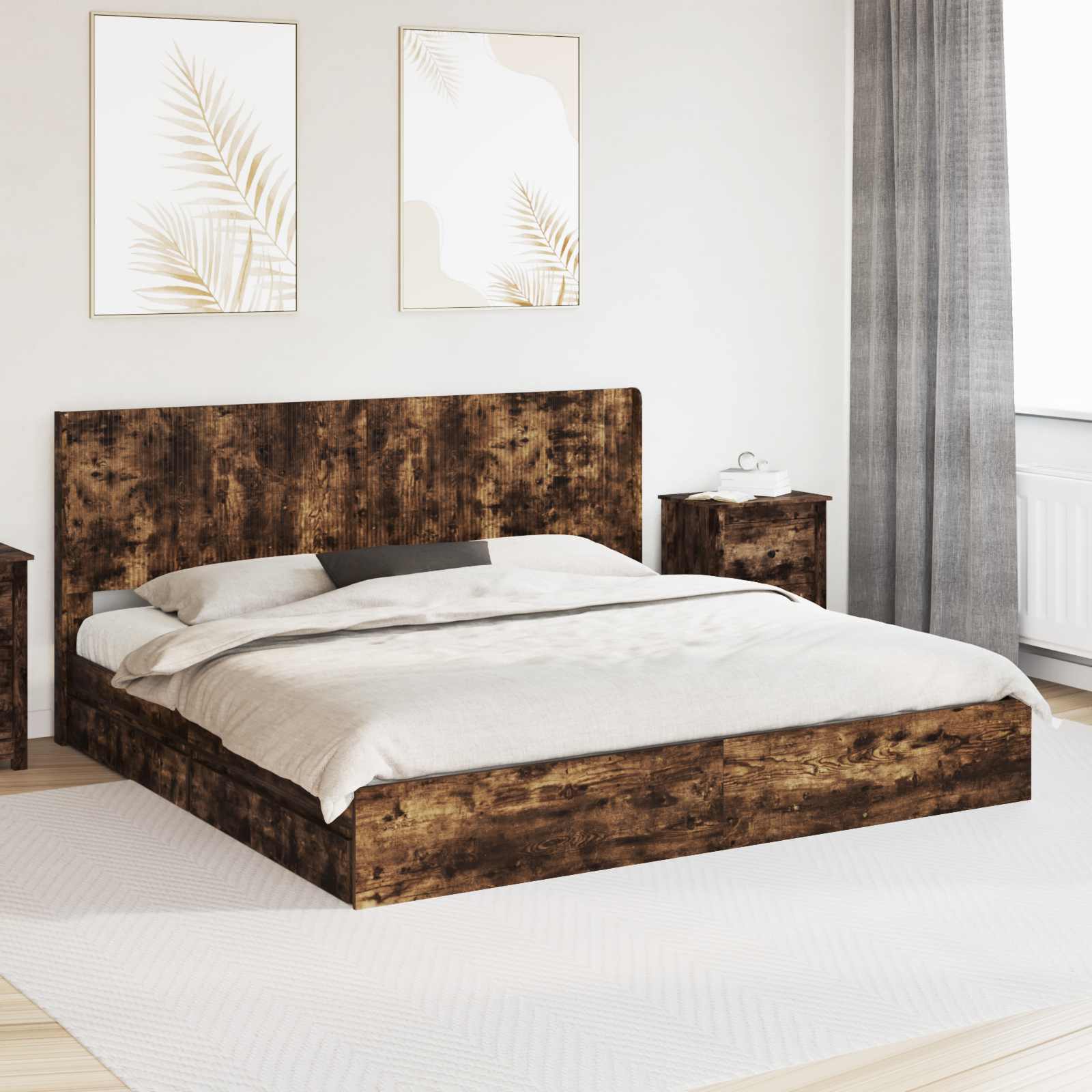 Bedframe met opbergruimte en hoofdbord Gerookt eiken – afbeelding 1