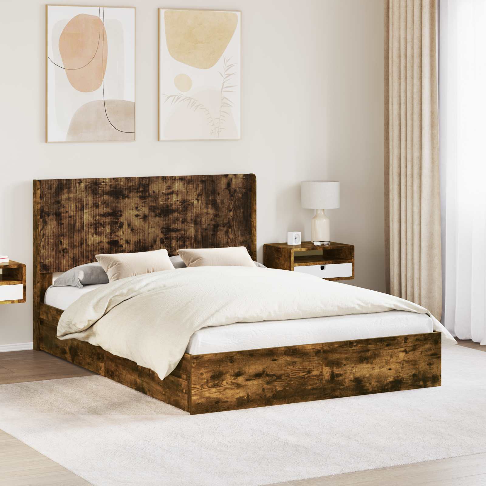 Bedframe met opbergruimte en hoofdbord Gerookt eiken – afbeelding 1